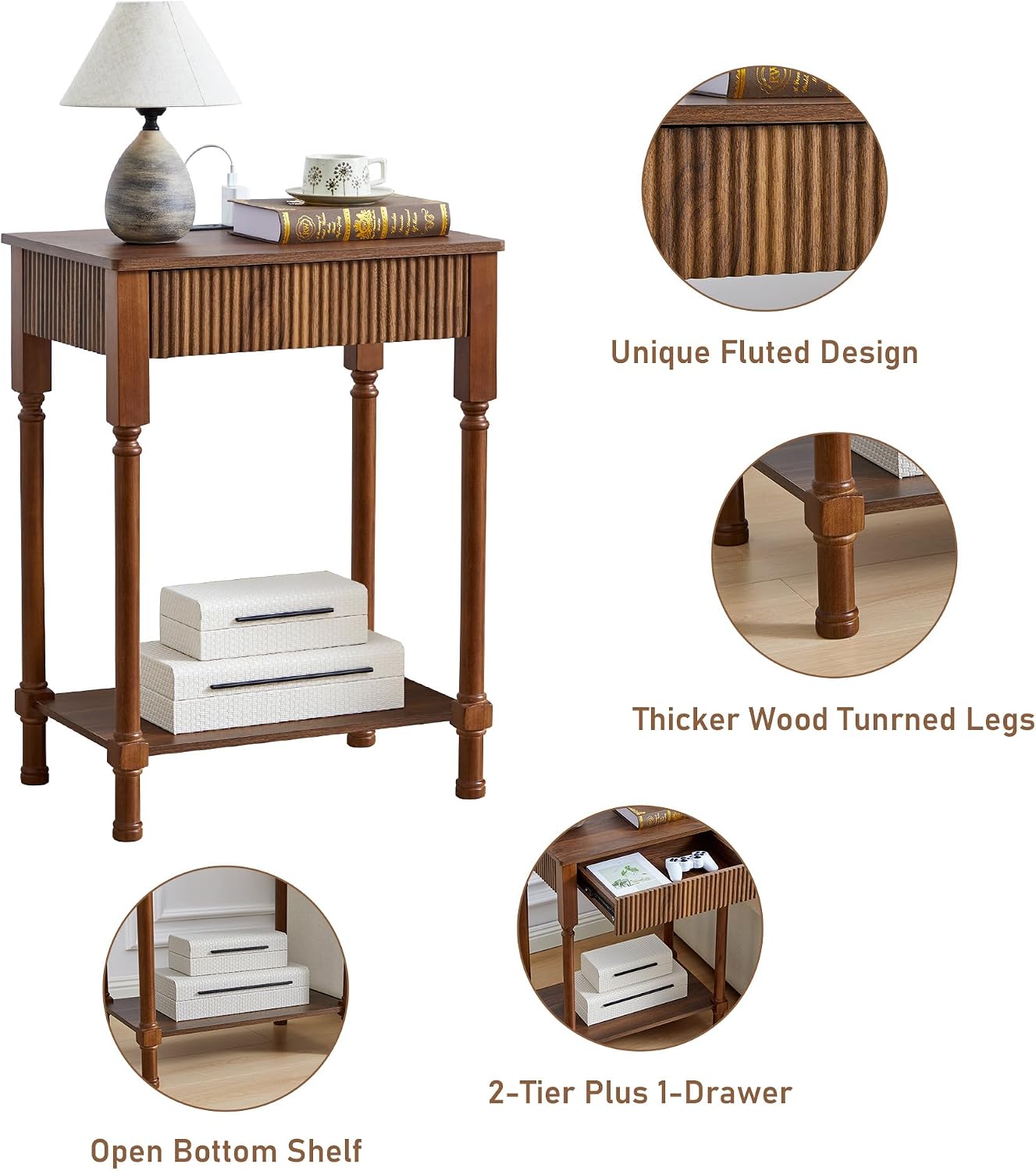 23.6' Large End Table with Charging Station, Set of 2, Modern Farmhouse Side Table with Drawer&Open Shelf, Fluted Wood Bedside Table Sofa Tables Night Stand for Bedroom Living Room Home Office,Walnut