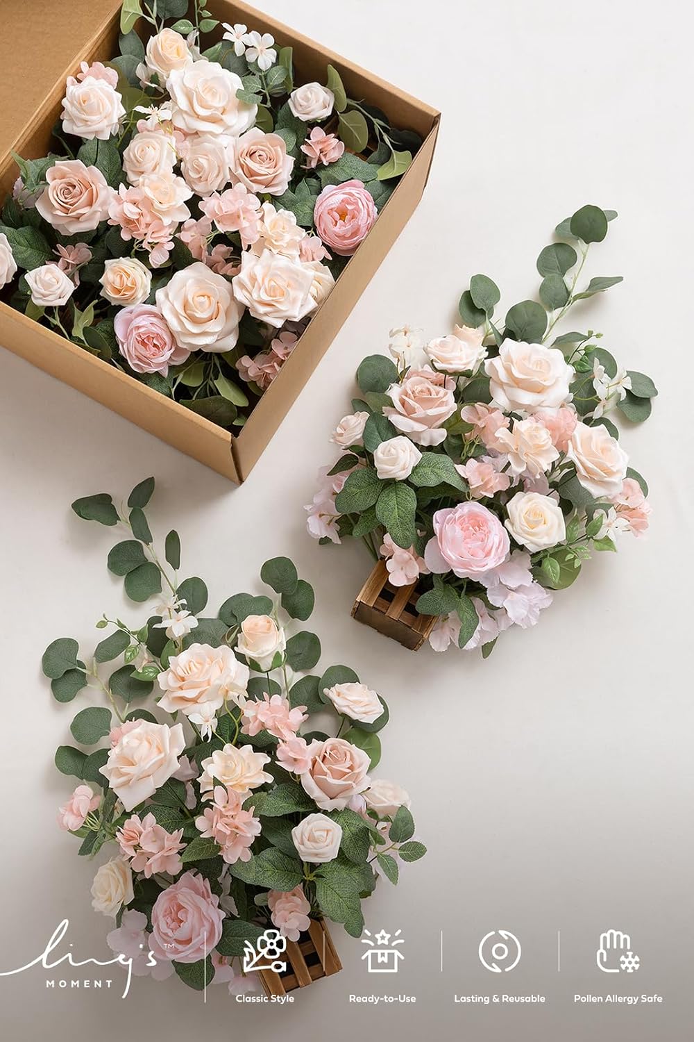 Ling's moment 17.5' Tall Standing Artificial Flowers Arrangements 4 pcs Wedding Aisle Runner Chair Decorations Blush & Pink Centerpieces for Ceremony Reception Rose Floral Party Outdoor