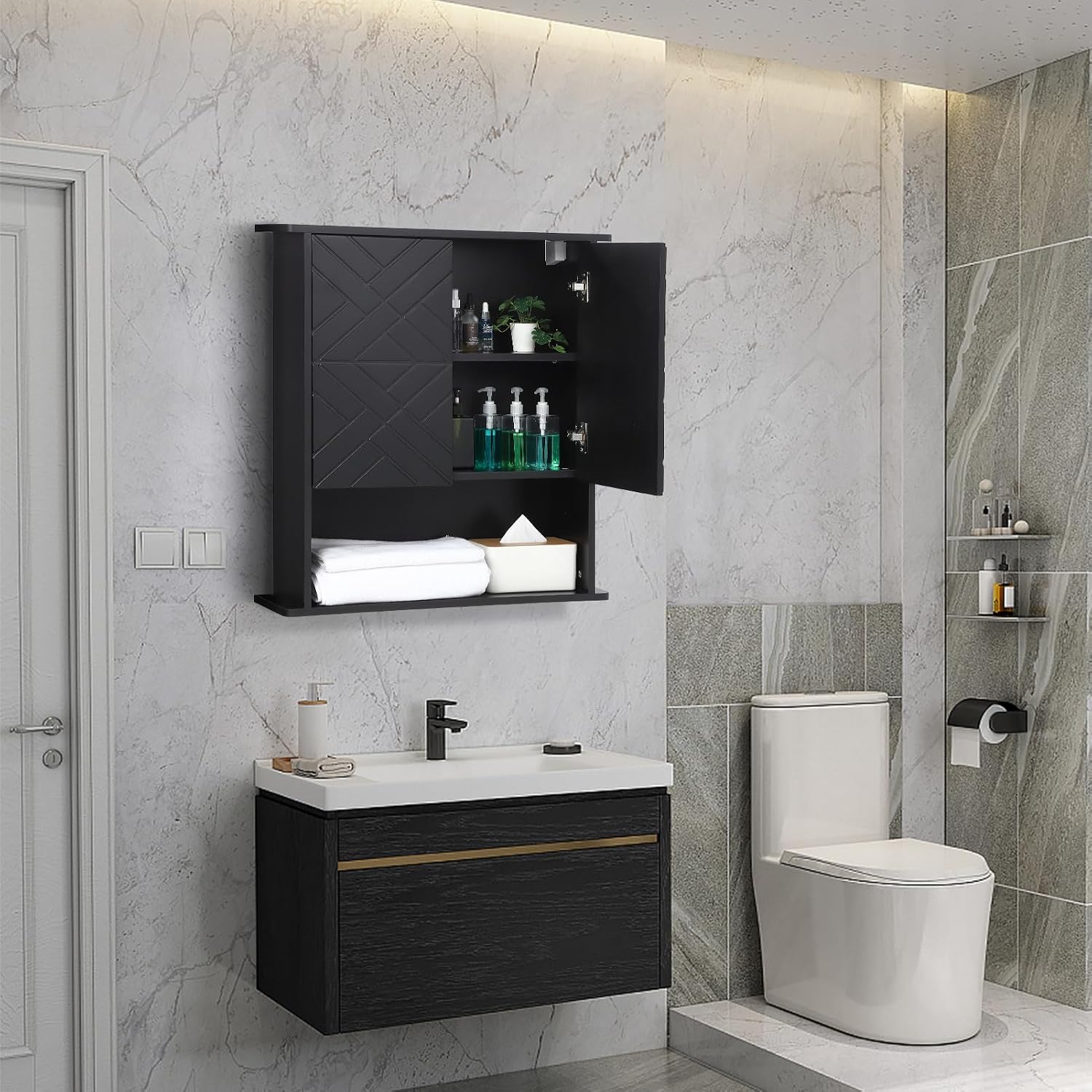 GAOMON Medicine Cabinet with Two Door, Wood Wall Mounted Bathroom Storage Cabinet with Adjustable Shelf and Towel Bar, 2-Tier Cabinet for Bathroom Living Room Laundry Room Kitchen, Black