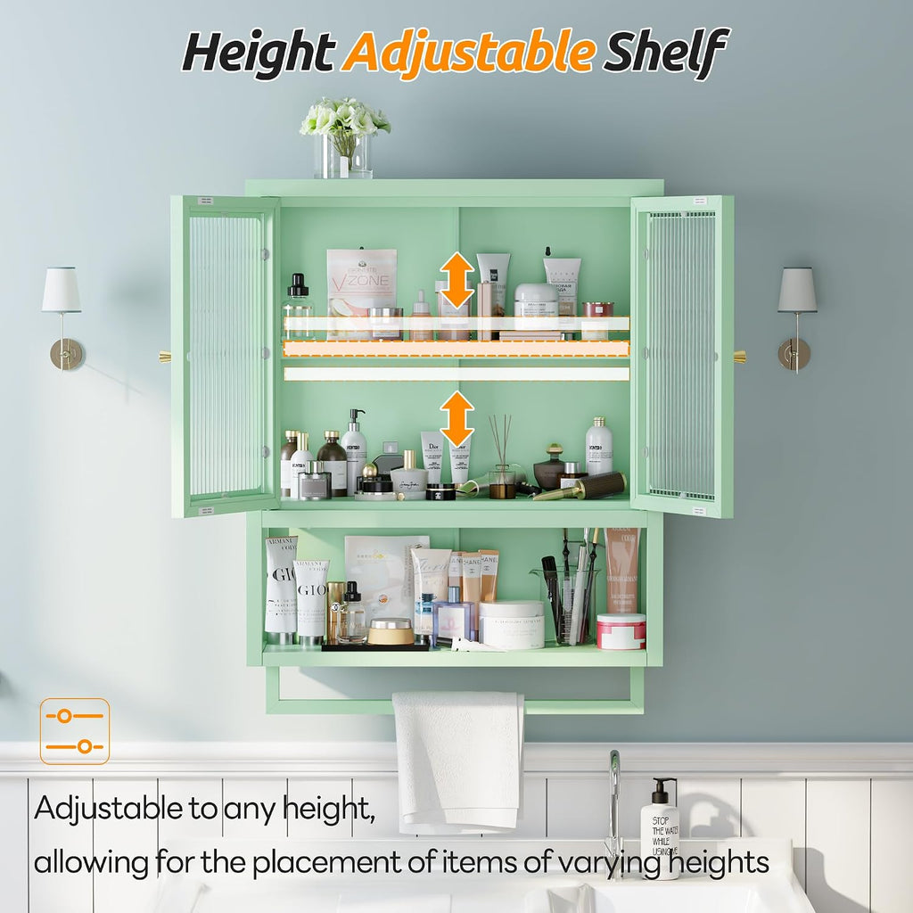 Bathroom Wall Cabinet with 2 Glass Door, Bathroom Medicine Cabinet with Towels Bar and Shelves, Over The Toilet Storage Cabinet, Metal Wall Mounted Cabinet for Laundry Room Kitchen (Green)