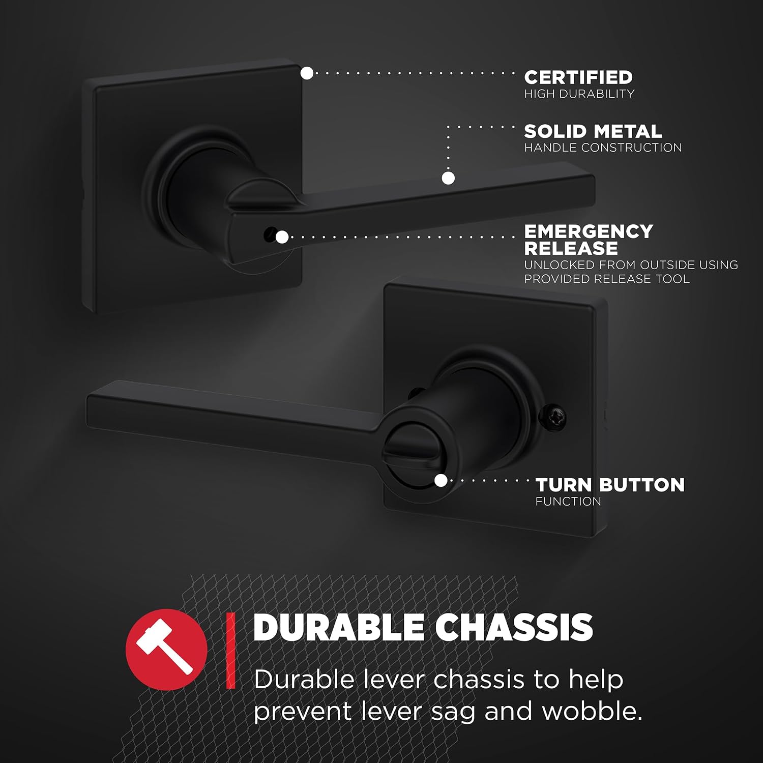 Kwikset Casey Interior Privacy Door Handle with Lock 8 Pack, Door Lever for Bathroom and Bedroom, Matte Black Reversible Keyless Turn Lock, with Microban Protection