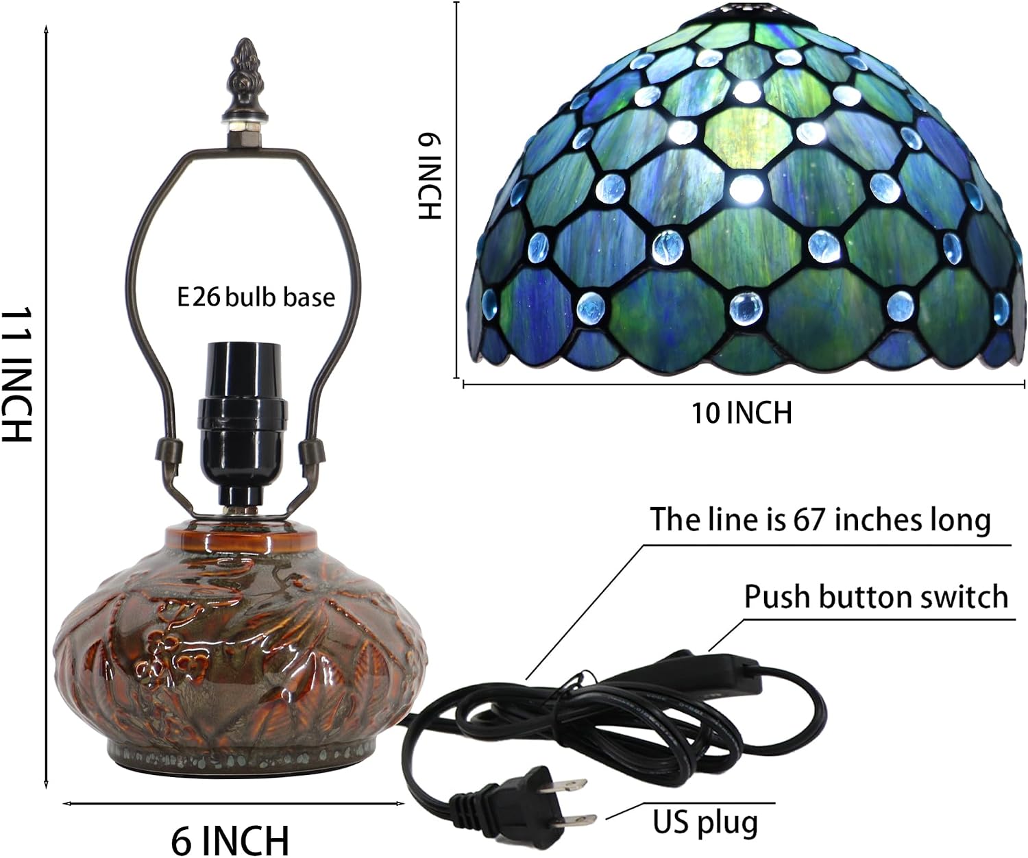 Small Tiffany Table Lamp, 10X10X11 Inch Mini Stained Glass Mushroom Desk Light Memory Sympathy Ceramic lamp (Sea Blue Pearl Style)