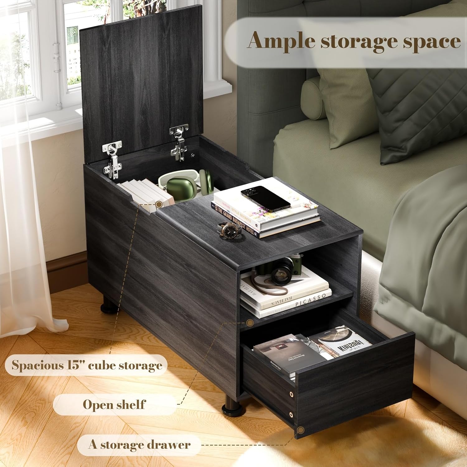 Rresyet Adjustable Height End Table with Large Cube Storage, Drawer & Open Shelf - 15.8' Modern Nightstand, Minimalist Sofa Side Table for Living Room, Bedroom, Office (2, Black)