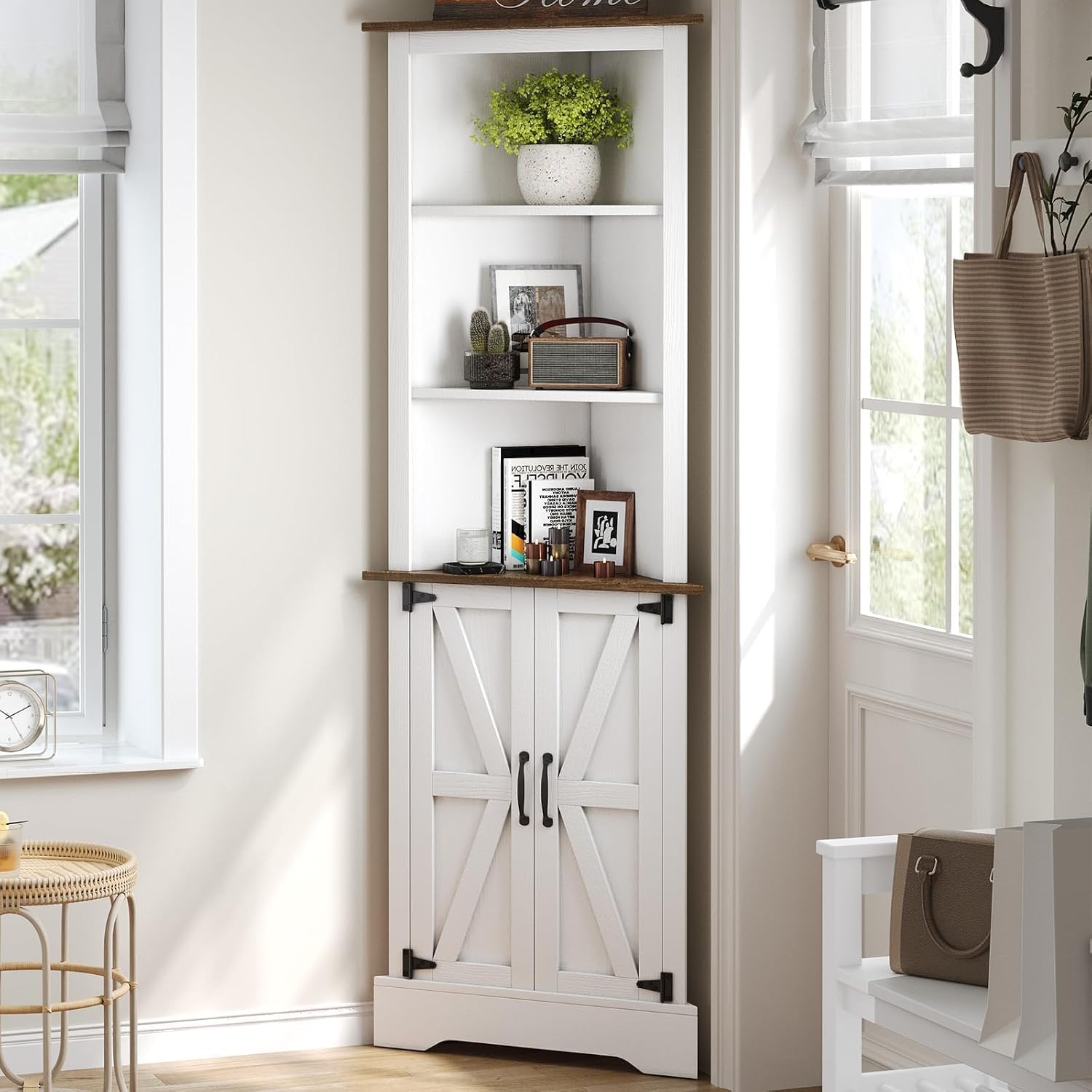 4 EVER WINNER Farmhosue Corner Cabinet, 68' Tall Corner Storage Cabinet with 5-Tier Adjustable Shelves and Barn Doors for Small Space, Living Room, Dining Room, Hallway, Bathroom, Kitchen, White