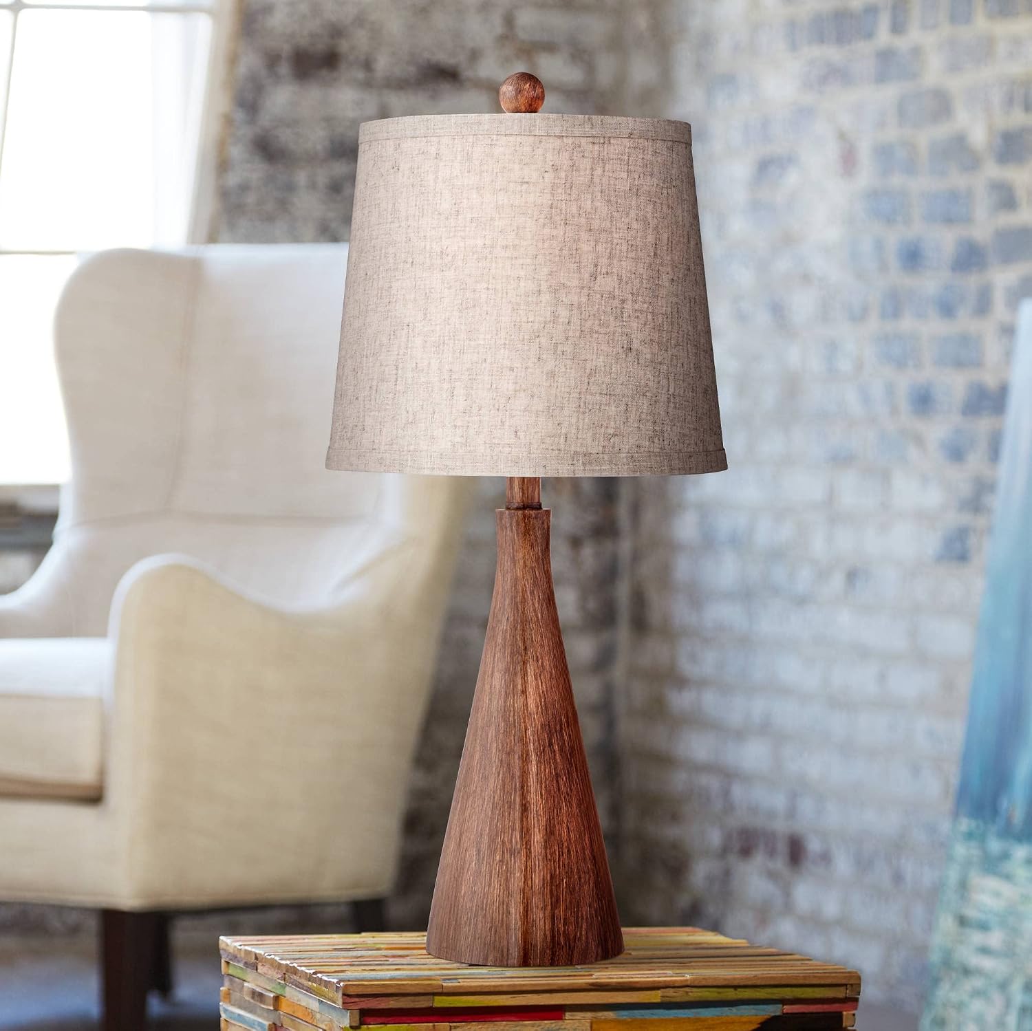 360 Lighting Fraiser 23 1/2' High Cone Small Mid Century Modern Accent Table Lamps Set of 2 Brown Wood Finish Cottage Core Living Room Bedroom Bedside Nightstand House Office Home Oatmeal Shade