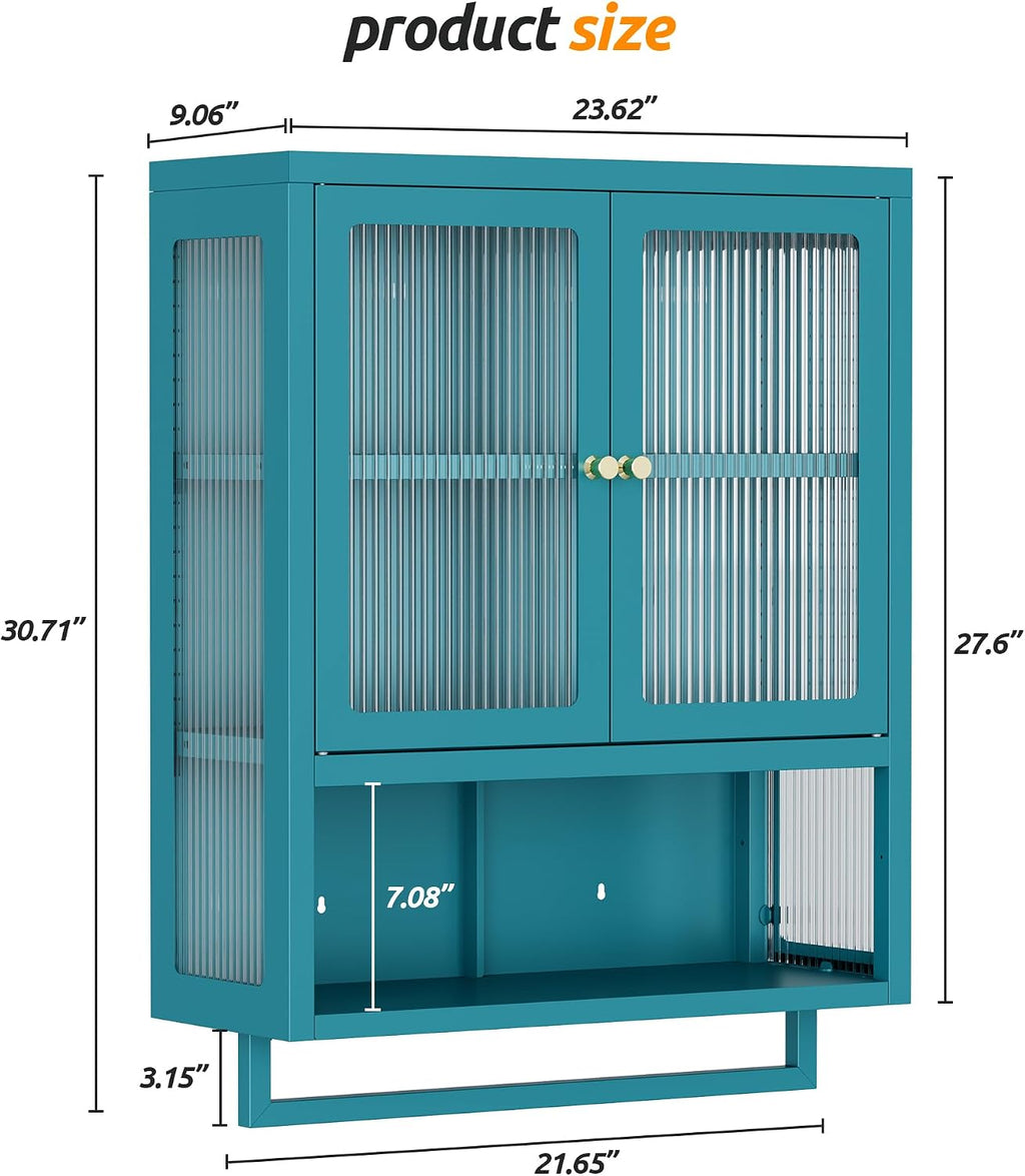 Bathroom Wall Cabinet with 2 Glass Door, Bathroom Medicine Cabinet with Towels Bar and Shelves, Over The Toilet Storage Cabinet, Metal Wall Mounted Cabinet for Kitchen (Blue)