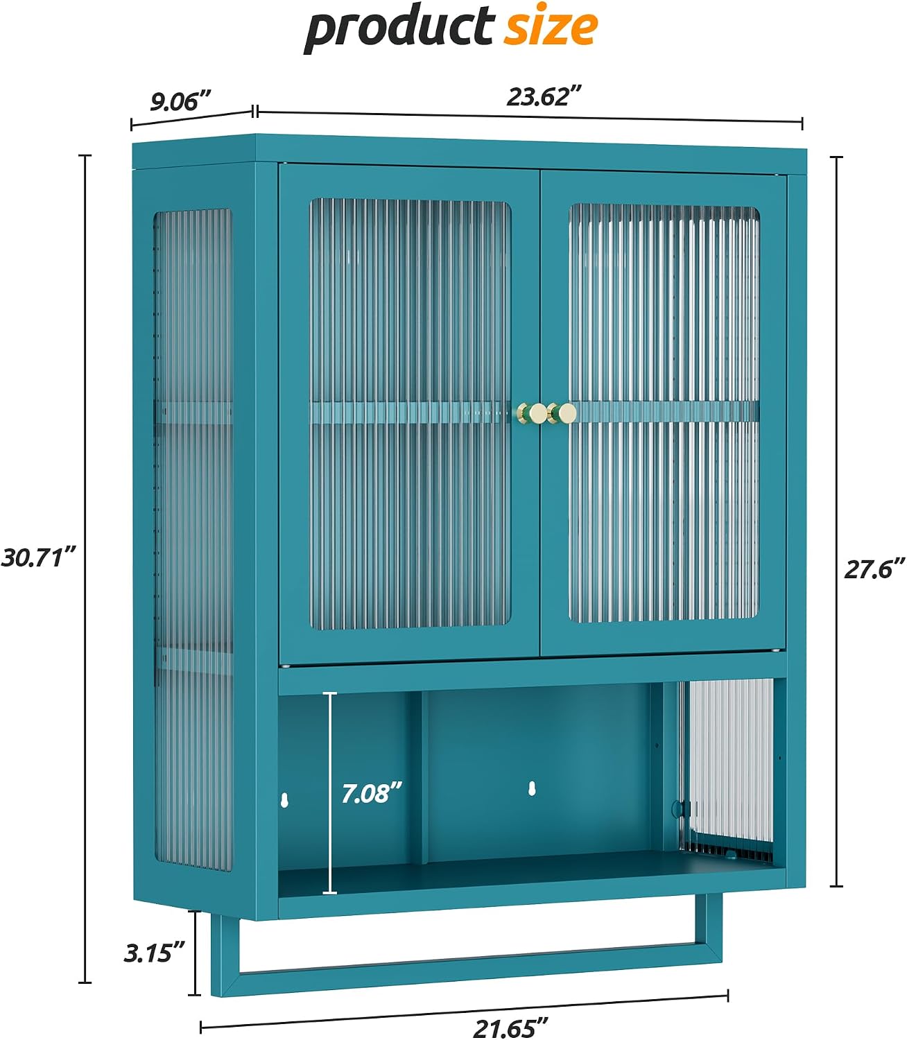 Bathroom Wall Cabinet with 2 Glass Door, Bathroom Medicine Cabinet with Towels Bar and Shelves, Over The Toilet Storage Cabinet, Metal Wall Mounted Cabinet for Kitchen (Blue)