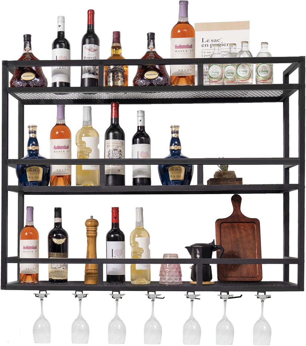 39' Wall Mounted Wine Rack with Bottle Glass Holder, 3-Tiers Metal Bar Shelves for Liquor Bottles with LED Light, Wall Wine Rack for Home, Restaurant, Commercial Bar, Kitchen Storage Display