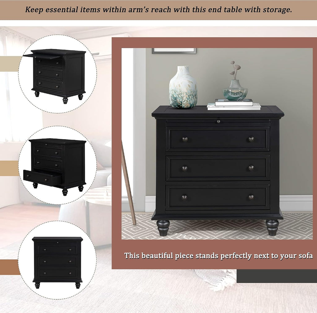 Modern Storage Wood Cabinet with 3-Drawer, Sofa Table Console Table End Table with Pull Out Tray, Accent Table Furniture for Entryway Living Room,Fully Assembly Bedside Table (Black)