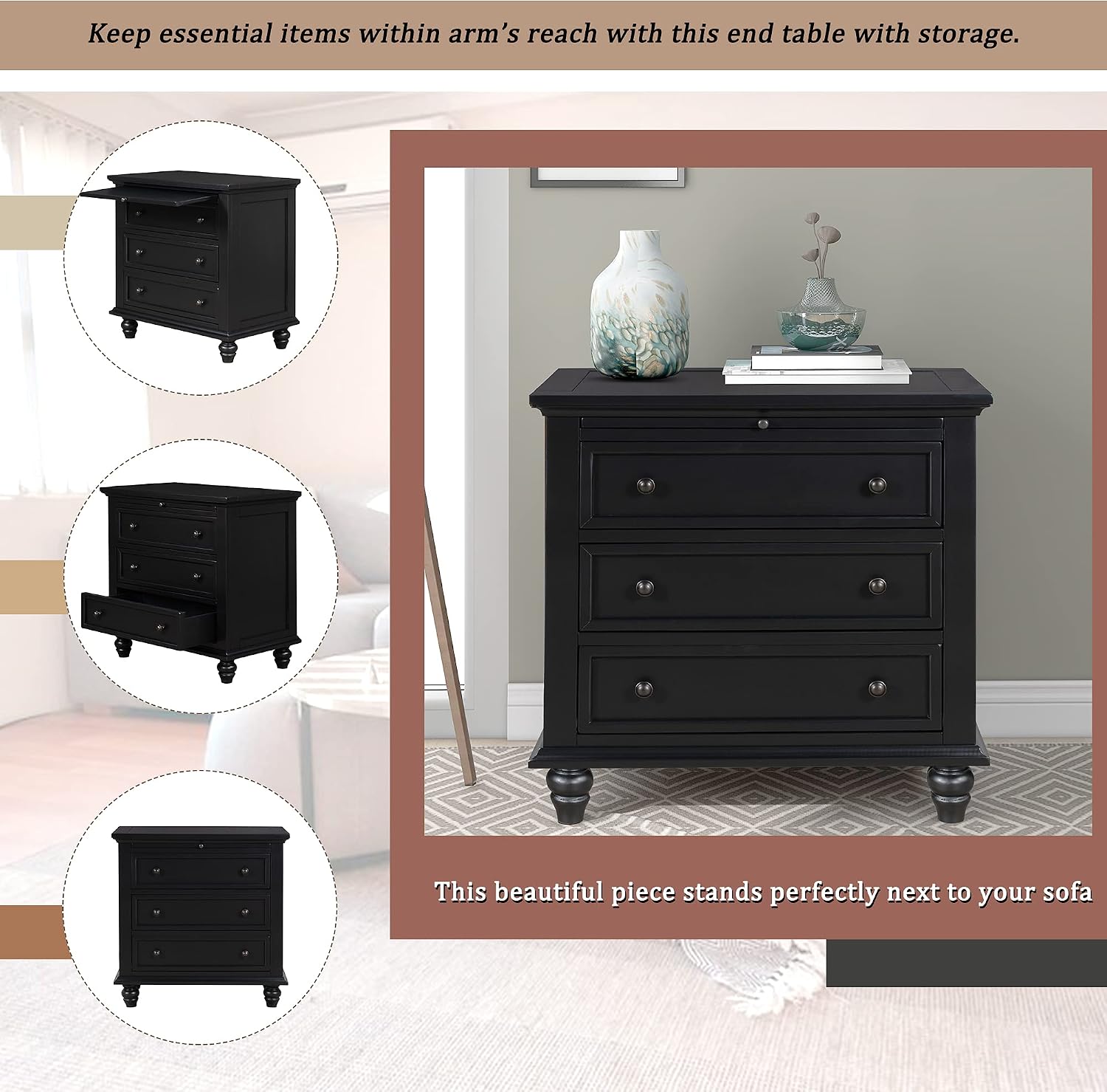 Modern Storage Wood Cabinet with 3-Drawer, Sofa Table Console Table End Table with Pull Out Tray, Accent Table Furniture for Entryway Living Room,Fully Assembly Bedside Table (Black)