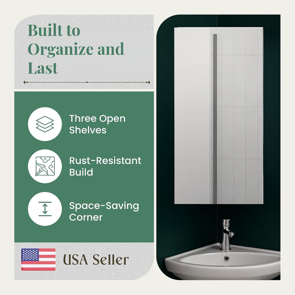 Renovator's Supply Corner Medicine Cabinet Stainless Steel Mirrored Door Polished Triple Shelf Wall Mount Rustproof,Silver