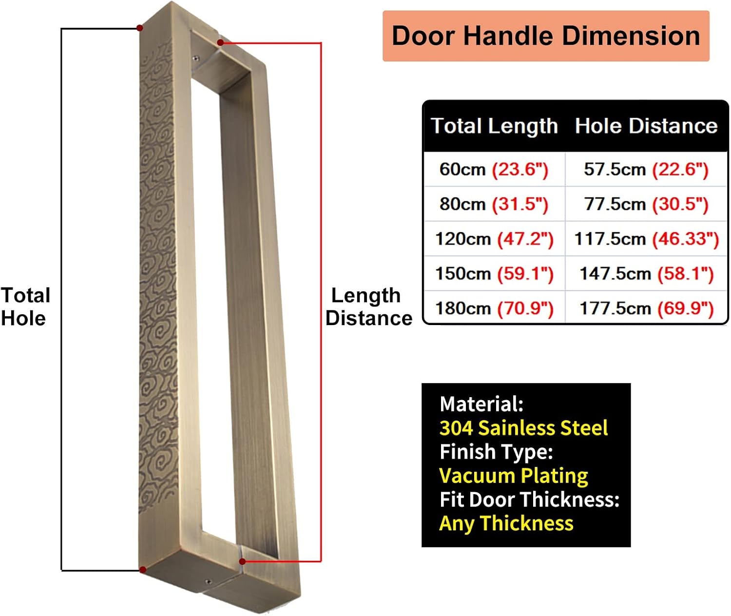 Door Handle C Shape Industrial Barn Door Push Pull Handle for Entrance Entry Office Store Solid Door Handle Set with Install Fitting (Gold-60cm/23.6