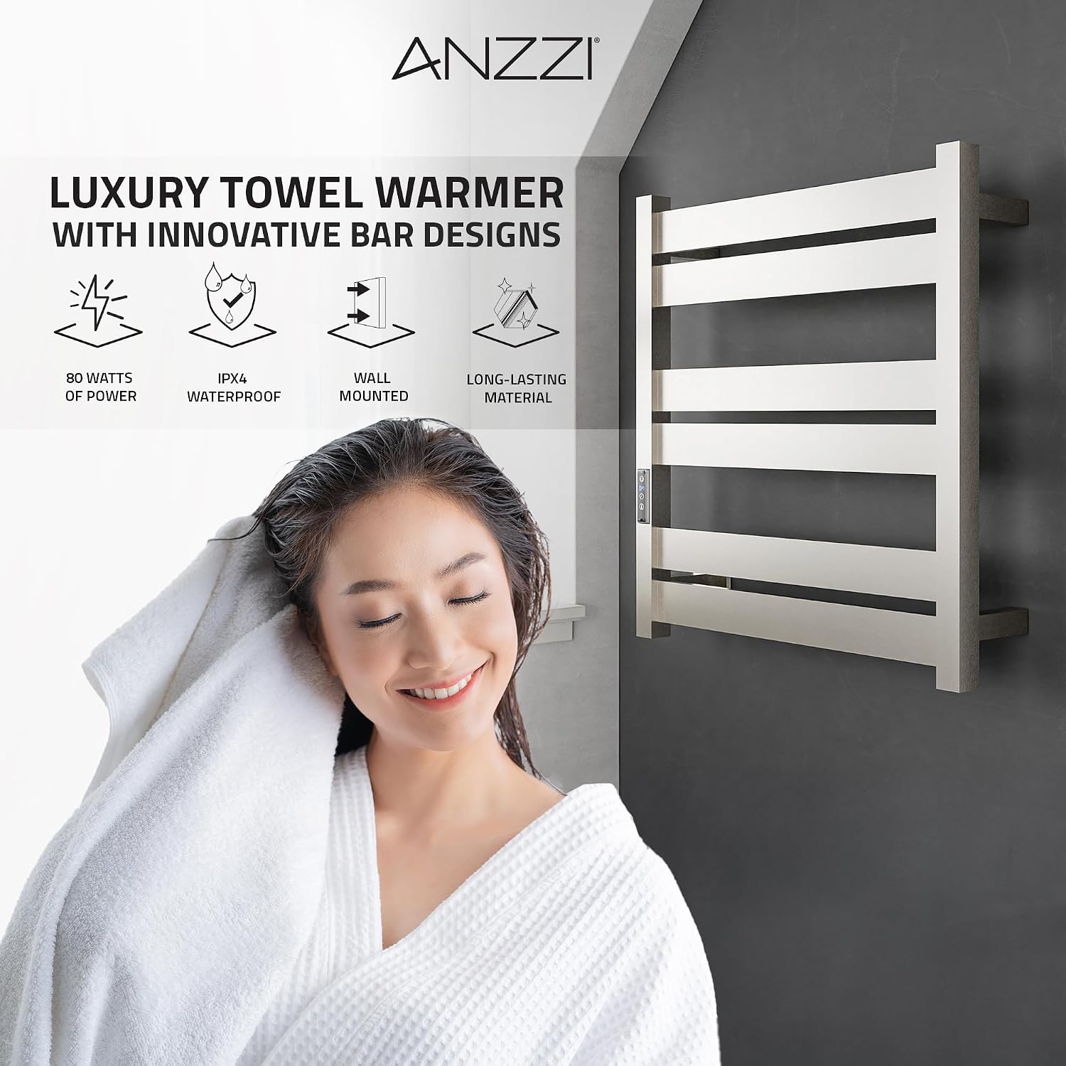 ANZZI Starling 6-Bar Wall Mounted Brushed Nickel Towel Warmer, Energy Efficient 80W Electric Plug in Heated Towel Rack for Bathroom, Stainless Steel Towel Heater Rail Quick Towel Dryer, TW-AZ025BN