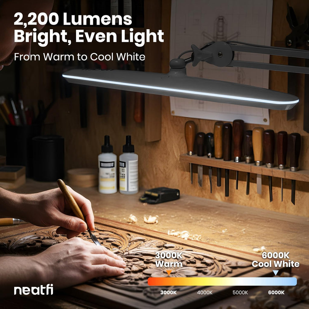 Neatfi XL 2,200 Lumens 20W LED Task Lamp – 23' Ultra-Wide Head | 182 SMD LEDs | 4 Brightness Levels | 3 Light Modes | Eye-Caring, Glare-Free | Adjustable Arm (Silver, CCT with Clamp)