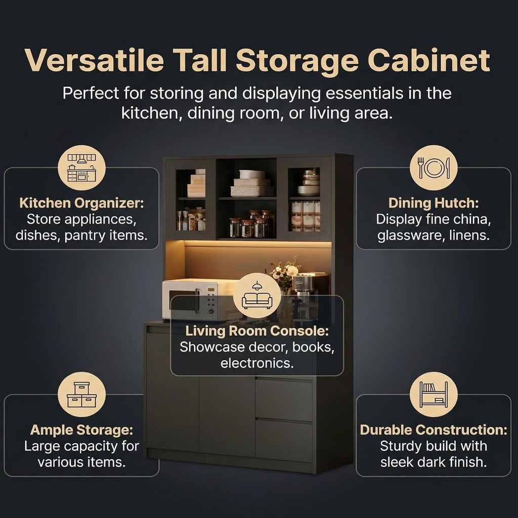 71' Kitchen Pantry Cabinet,Tall Storage Cabinet with Doors & Shelves Adjustable, Kitchen Storage Hutch with Microwave Shelf,Coffee Bar,Led Lights&Charging Station,Corner Pantry Cabinet for Living Room
