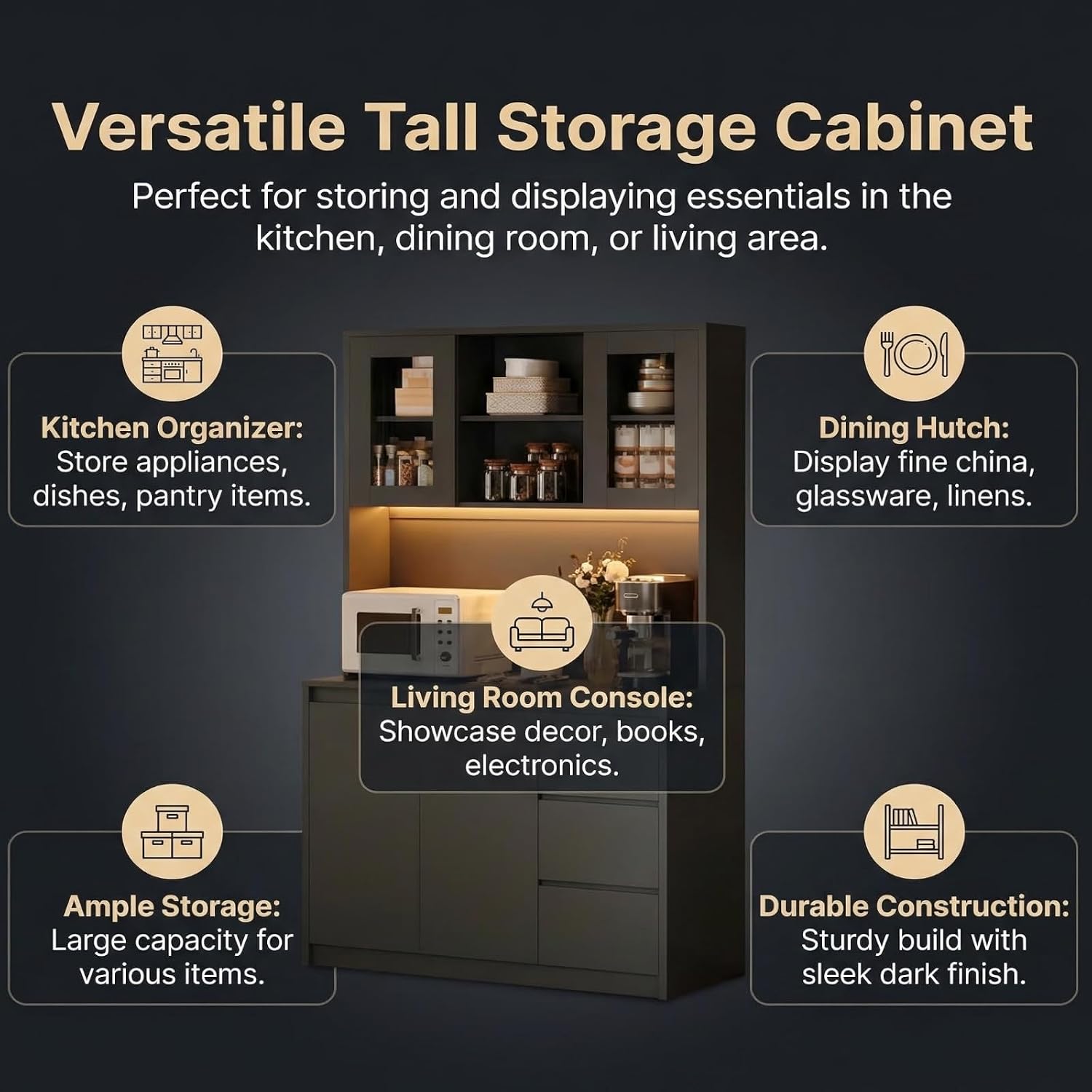71' Kitchen Pantry Cabinet,Tall Storage Cabinet with Doors & Shelves Adjustable, Kitchen Storage Hutch with Microwave Shelf,Coffee Bar,Led Lights&Charging Station,Corner Pantry Cabinet for Living Room