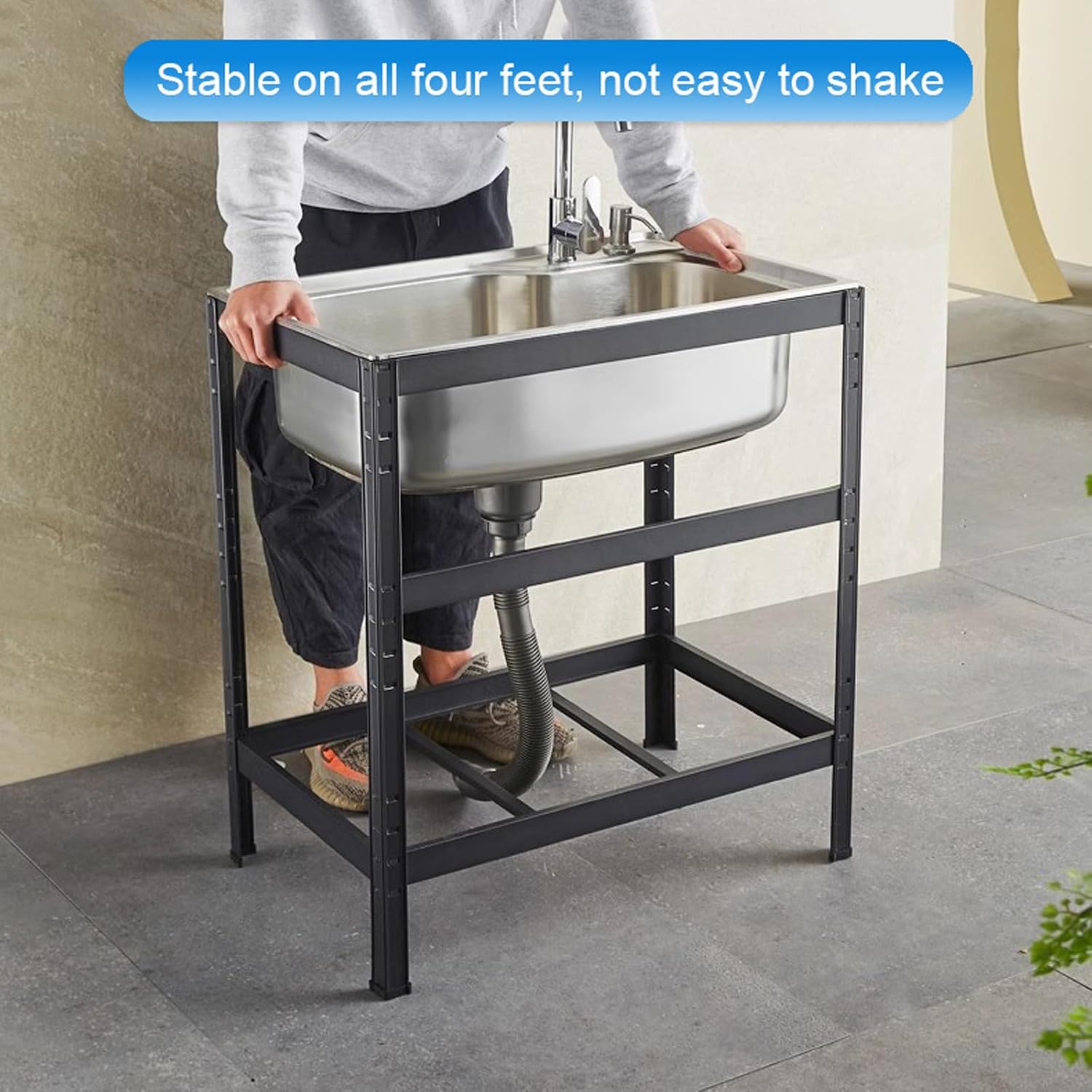 Commercial Sink Freestanding Kitchen Sink Stainless Steel Single Bowl Sink, Black Stand Sink Unit, Large Capacity Utility Sink for Outdoor Indoor Garage Lau(with Faucet-58×43cm