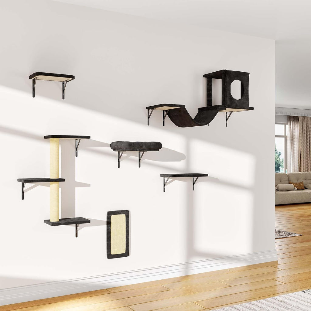12-in-1 Cat Wall Shelves, Wall Mounted Cat Climber with Condo House, Scratching Post, Bridge Ladder, Space-Saving Indoor Play Furniture for Kittens, Black