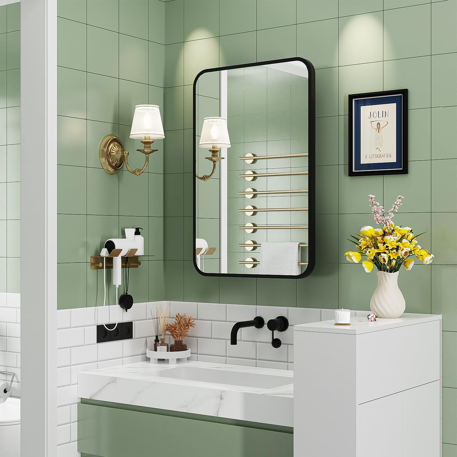 ACEMIRO 16x24 Inch Black Mirror Medicine Cabinet Metal Framed Recessed Wall Mounted Bathroom Medicine Cabinet with Mirror and Storage