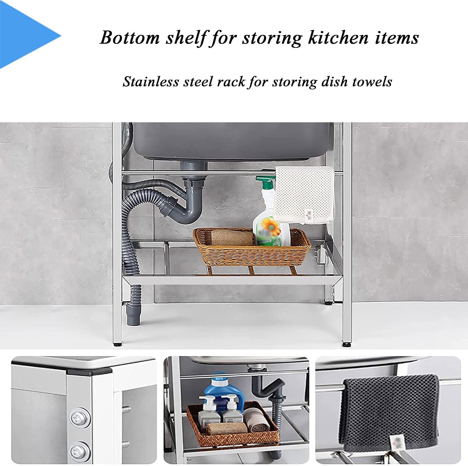 Commercial Stainless Steel Single Bowl Sink Freestanding Kitchen Sink with Storage Shelves Restaurant Utility Washing Hand Basin, 28x18.5x29.5inch, Silver