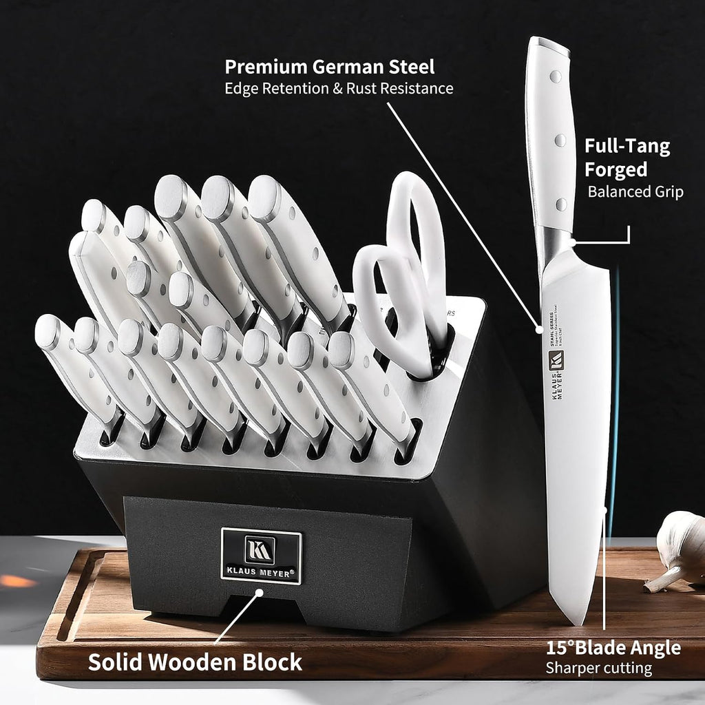 Klaus Meyer 19-Piece Knife Block Set, High Carbon German Stainless Steel (Stahl), Full-Tang Handles with Sharpener (White)