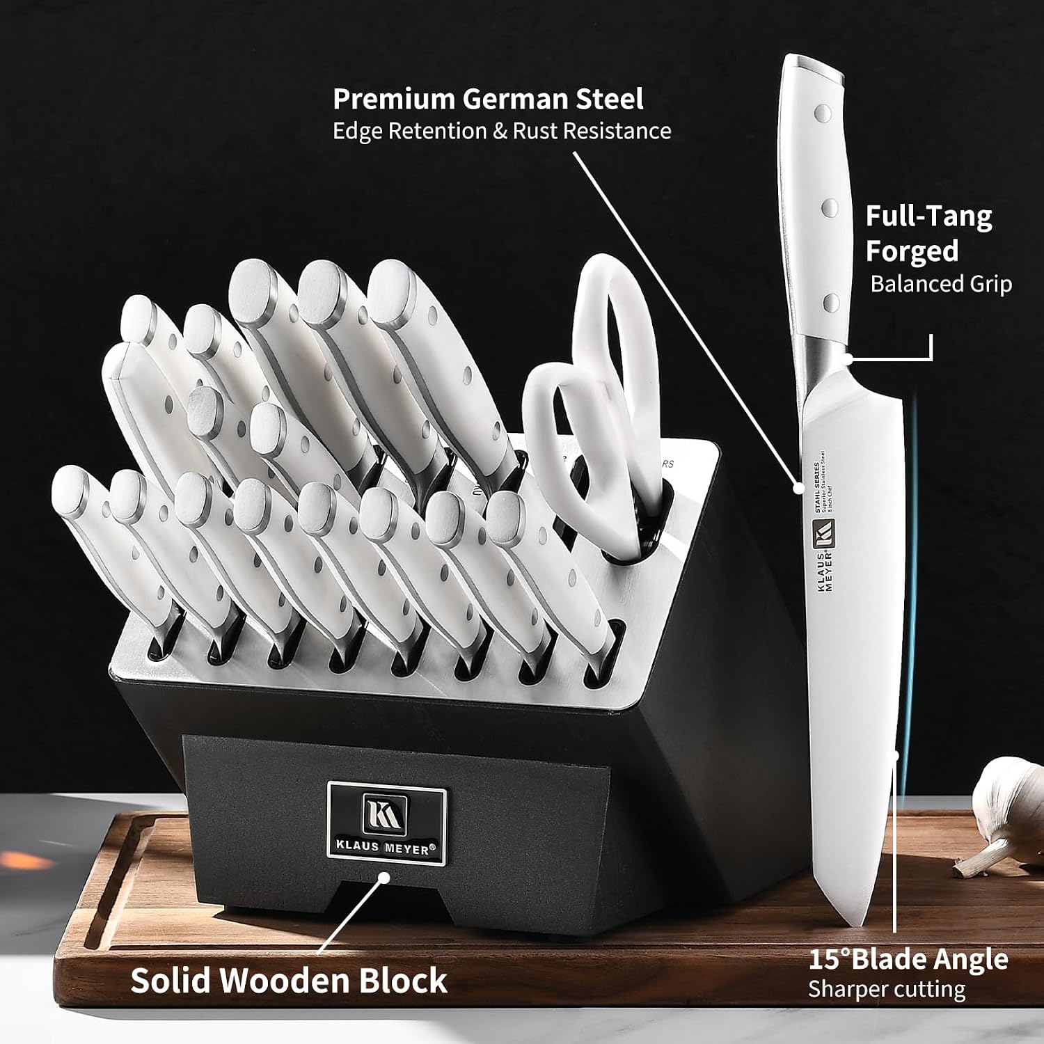 Klaus Meyer 19-Piece Knife Block Set, High Carbon German Stainless Steel (Stahl), Full-Tang Handles with Sharpener (White)