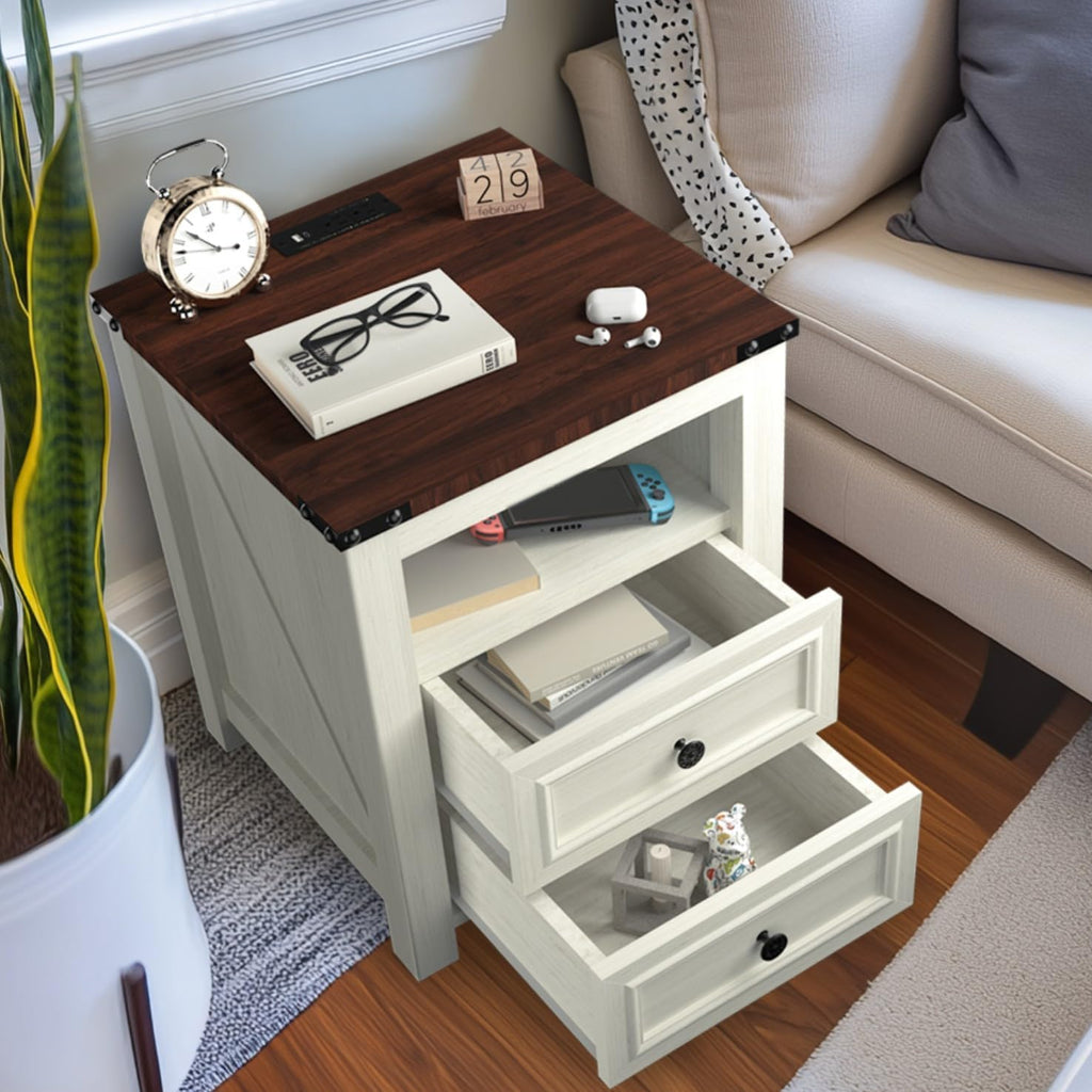 MUUEGM Farmhouse End Table with Charging Station, Side Table for Living Room, Sofa Side Table with Drawers and Storage Cabinet, Night Stand for Bedroom, White, Set of 2