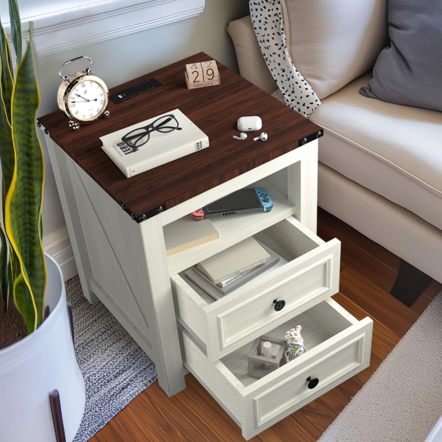 MUUEGM Farmhouse End Table with Charging Station, Side Table for Living Room, Sofa Side Table with Drawers and Storage Cabinet, Night Stand for Bedroom, White, Set of 2