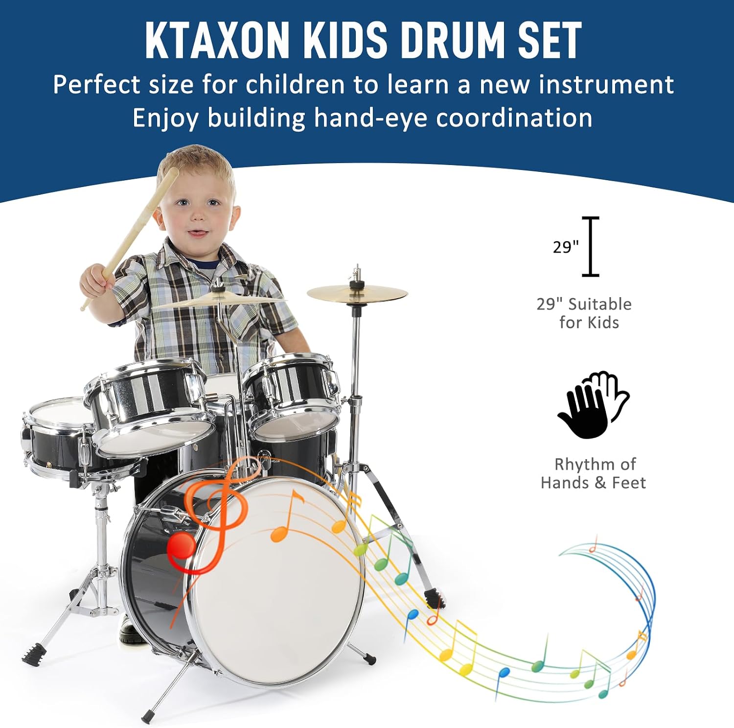Ktaxon 5-Piece Complete Junior Drums Set, 14 Inch Beginners Drum Kit with Throne Stool, Pedal & Drumsticks, Drums Musical Instruments W/Cymbal, Hi-Hat, Floor, Tom and Snare Drum (Black)
