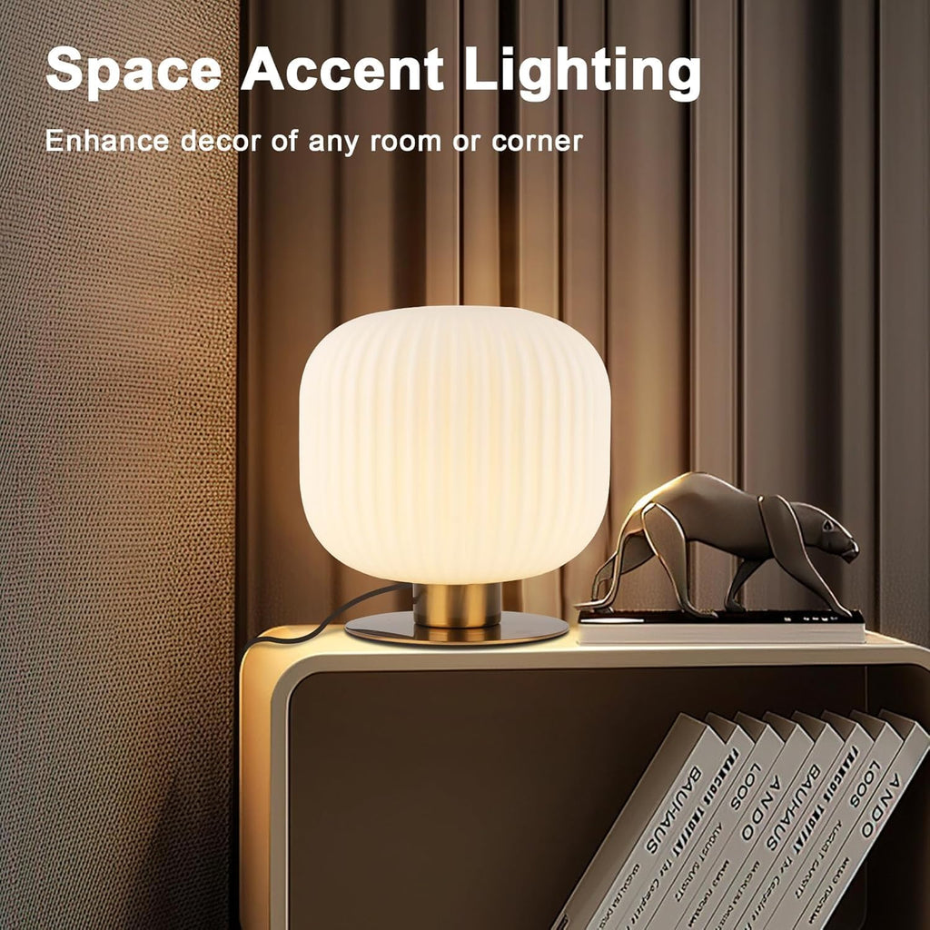 Bedroom Lamps Set of 2, White and Gold Bedside Lamp Milk Glass Table Lamp, MCM Table Lamp Vintage Nightstand Reading Lamp Small End Table Lamps for Living Room Office Study