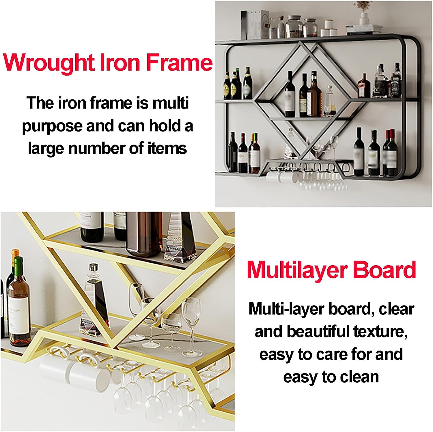 Wine Rack Wall Mounted, Floating Bar Kitchen Shelf Rack With Light Strip, Hanging Wine Glass Rack, Shelf Corner Bar Kitchen Shelf Rack, For Home Bar Dining Room Cafe Kitchen(Color:Gold,Size:120x70x20c