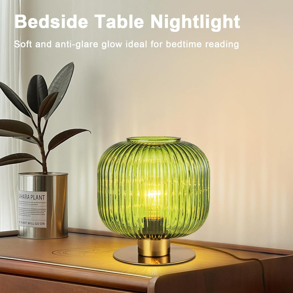 Green Table Lamp Glass Globe Table Lamp Mid Century Modern Small Bedside Lamp Gold Nightstand Lamp Vintage Decorative Brass Desk Lamp for Bedroom Living Room Study Corner Bookshelf (Set of 2)