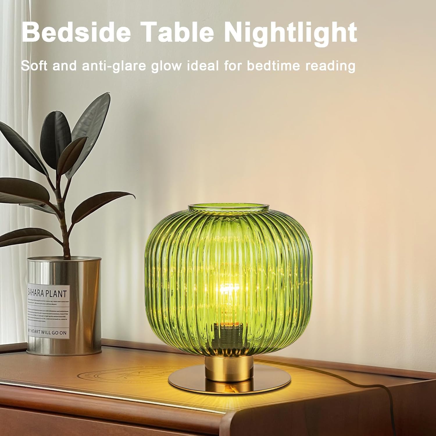 Green Table Lamp Glass Globe Table Lamp Mid Century Modern Small Bedside Lamp Gold Nightstand Lamp Vintage Decorative Brass Desk Lamp for Bedroom Living Room Study Corner Bookshelf (Set of 2)