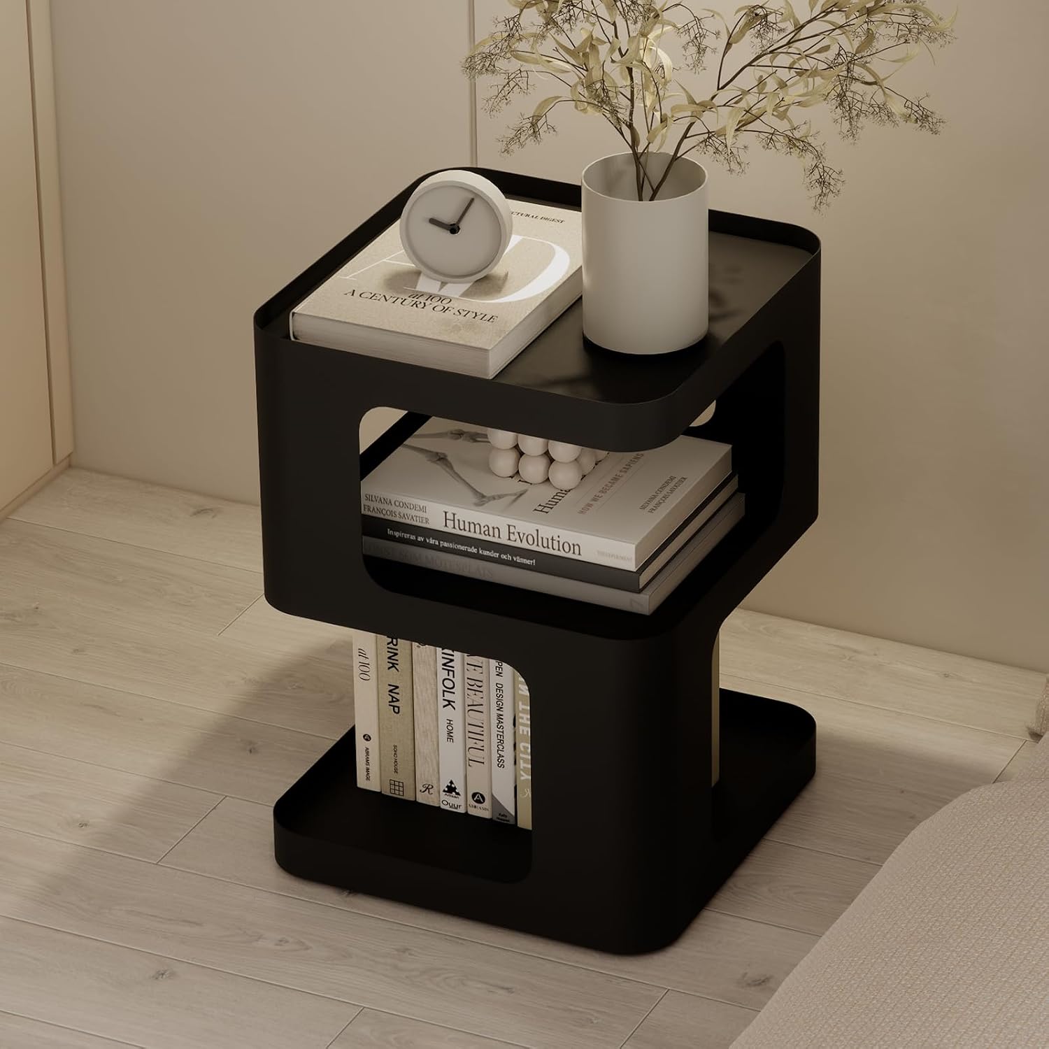 Modern Side Table for Sofa & Couch,Black Metal Bedside Table,3 Tier end Tables with Storage for Living Room & Bedroom,Compact Nightstand for Small Spaces,No Assembly Required
