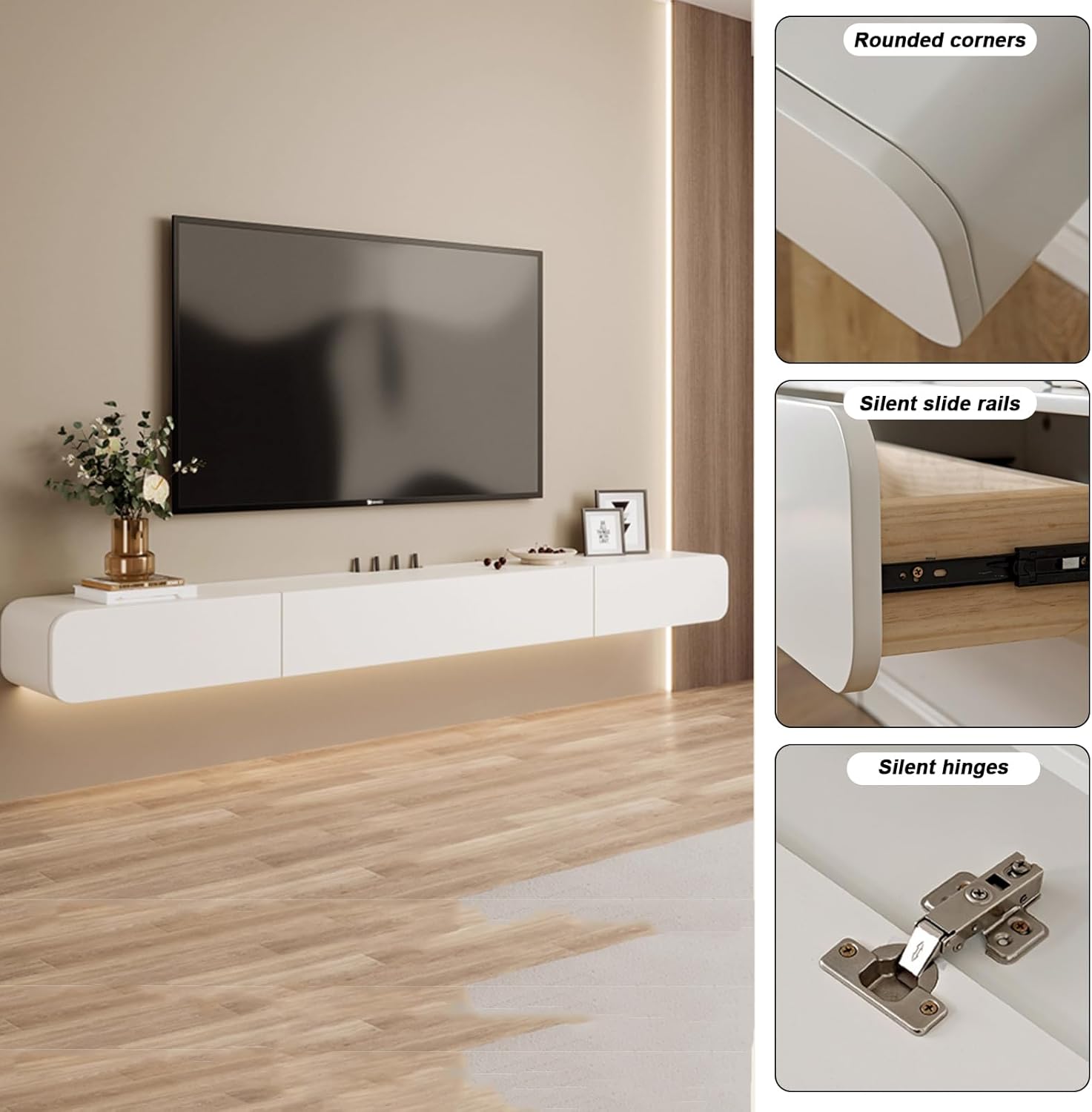 Solid Wood Floating TV Stand Wall Mounted, White, 63' Wall Mounted Entertainment Center Console, Hanging tv Media Shelf for Living Room, Bedroom (DSGWHITE-B, 63IN)