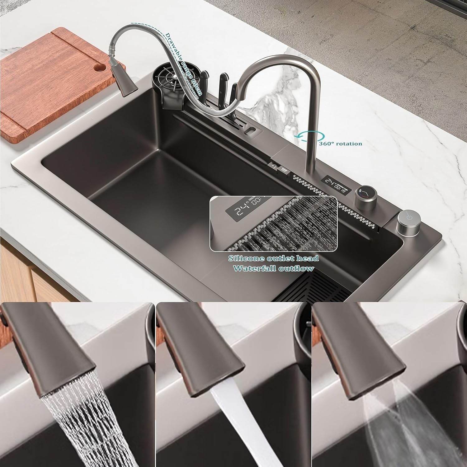 13-Piece Set Waterfall Kitchen Sink Stainless Steel Workstation Single Bowl Sink with Digital Display Pull-Out Faucet, Cup Washer, Control Knobs (Color : Black-Grey, Size : 75x46cm)