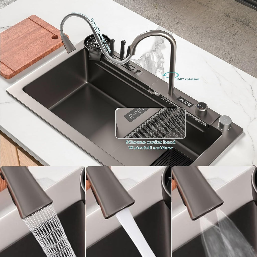 13-Piece Set Waterfall Kitchen Sink Stainless Steel Workstation Single Bowl Sink with Digital Display Pull-Out Faucet, Cup Washer, Control Knobs (Color : Black-Grey, Size : 80x46cm)