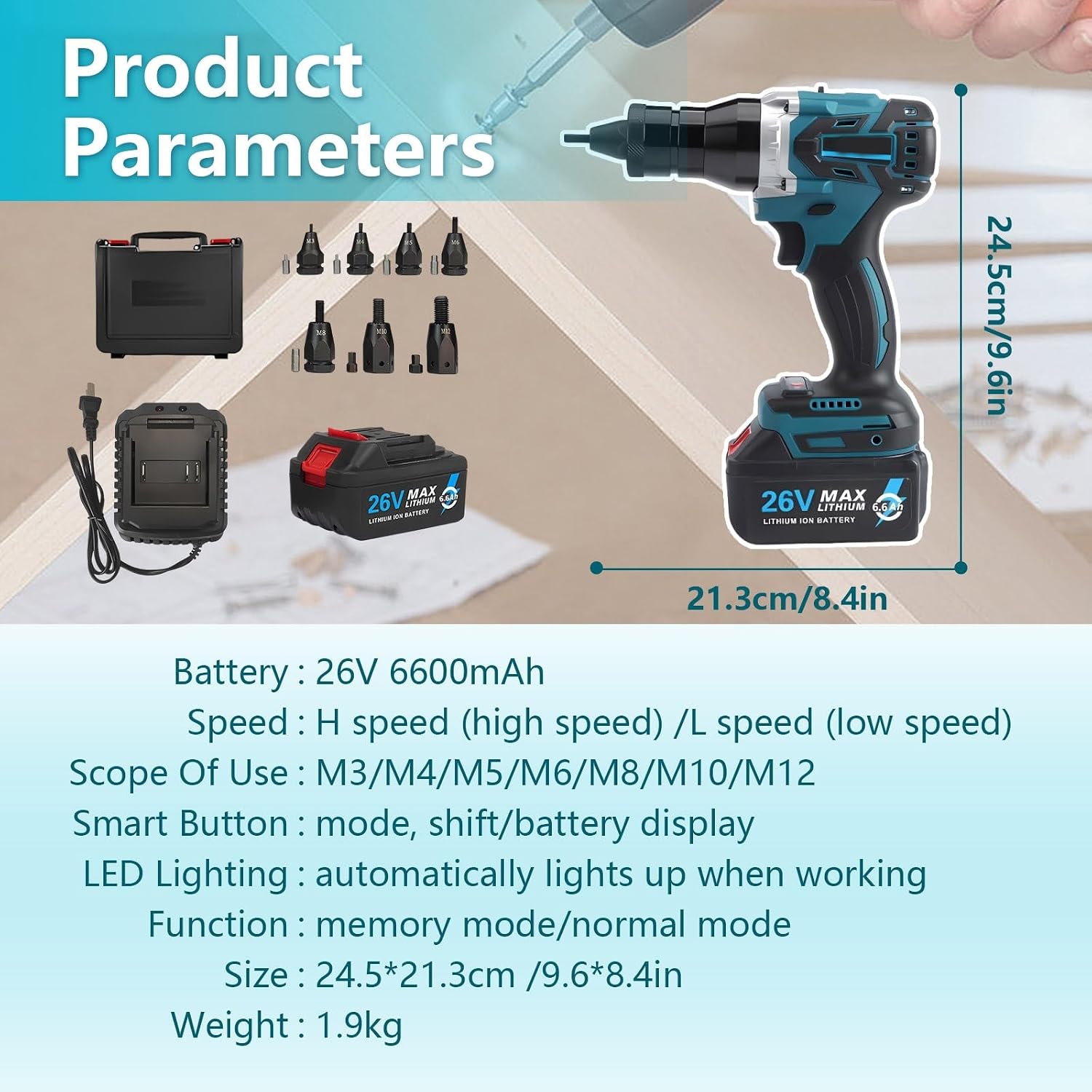 Brushless Cordless Brushless Rivet Nut Tool Kit, Automatic Riveting Rivet Gun with 6600mah Battery, Insert Installation Tool for M3–m12 Rivet Nuts(6.6Ah)