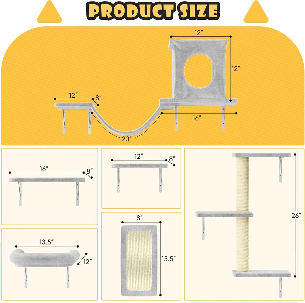 12-in-1 Cat Wall Shelves, Wall Mounted Cat Climber with Condo House, Scratching Post, Bridge Ladder, Space-Saving Indoor Play Furniture for Kittens, Gray