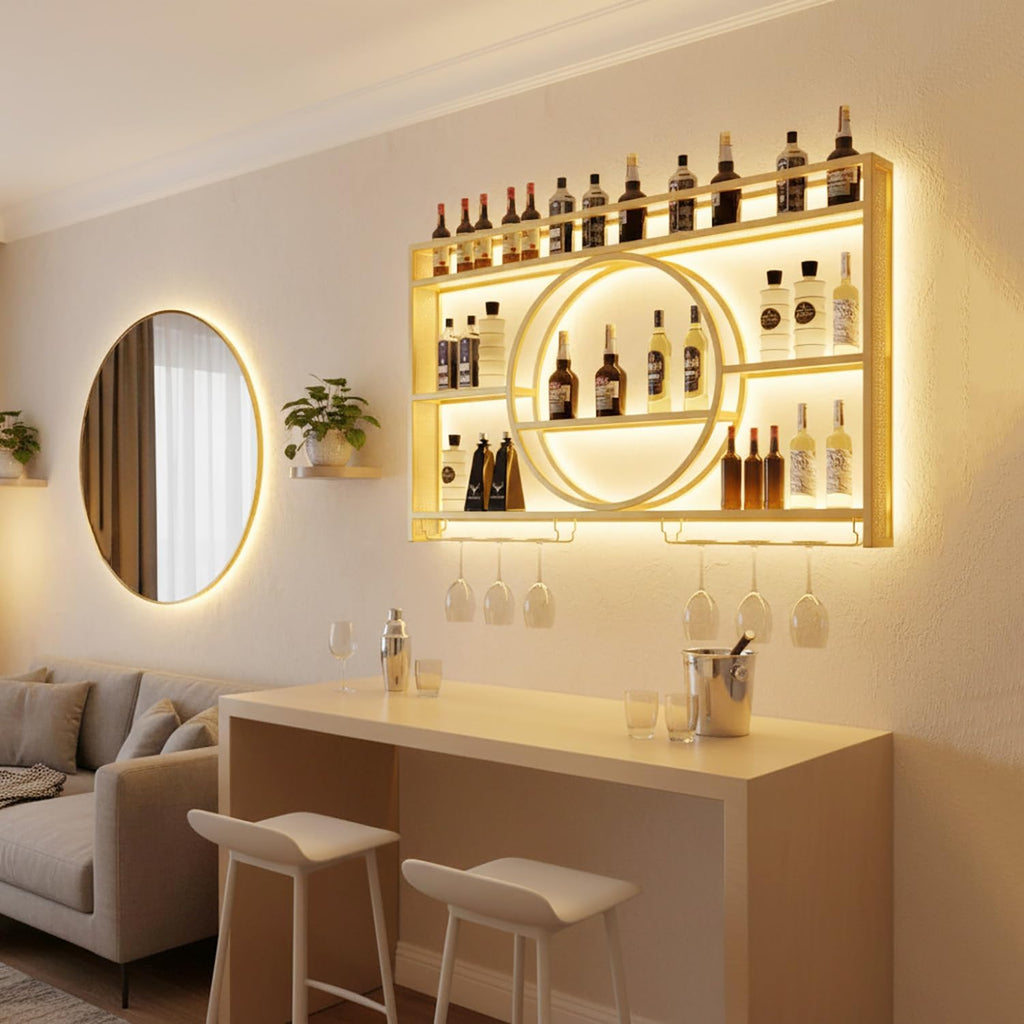 Wine Rack Wall Mounted with LED Light, 3-Tier Metal Bar Shelves for Liquor Bottles with Wine Glass Holder, Modern Large Capacity Liquor Display Shelf for Home Bar, Dining Room, Kitchen (Gold, 47.2in)