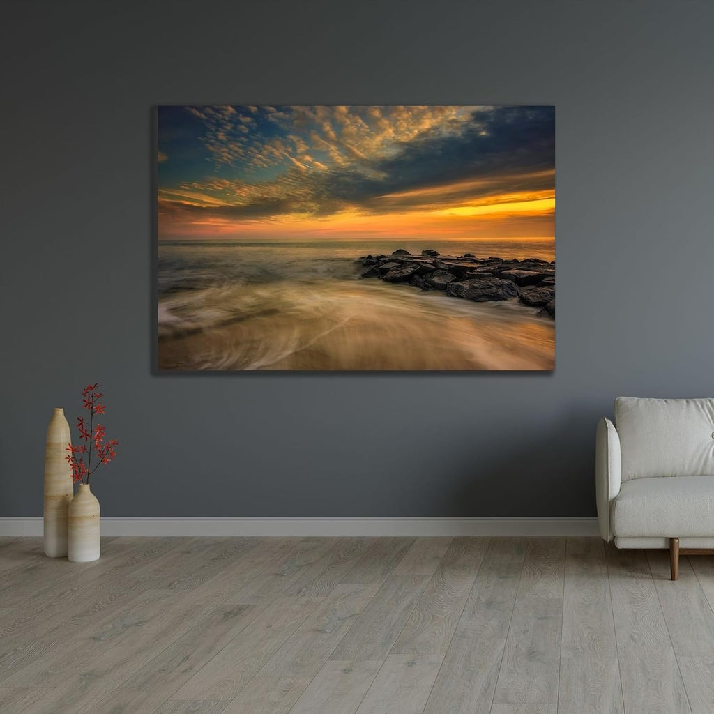 ArtDirect Jaynes Gallery 40x28 Gallery Wrapped Canvas Museum Art Titled: New Jersey-Cape May National Seashore Sunset on ocean and rocks