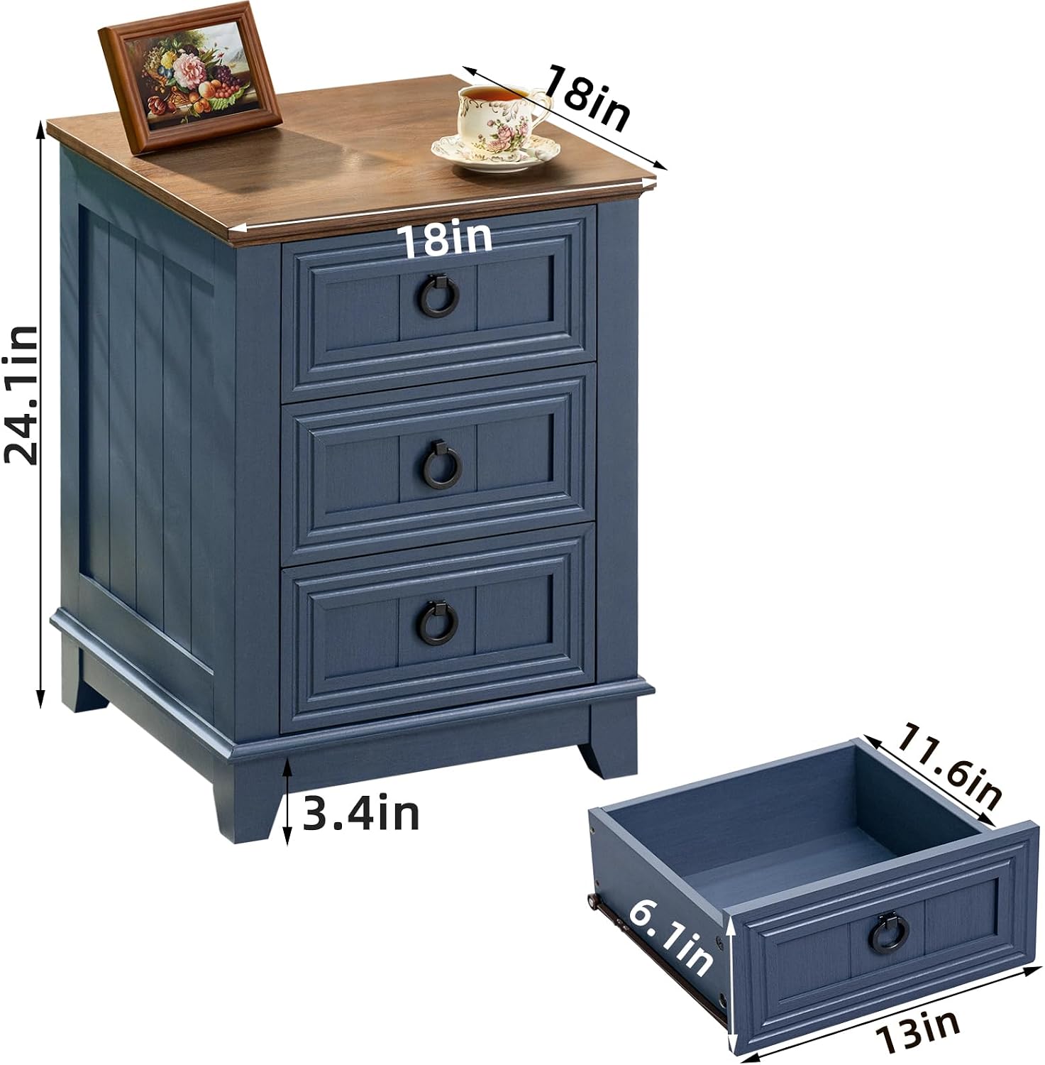 Joaxswe Night Stand Set of 2, Farmhouse 18' End Table with 3 Drawer Metal Handle, Dresser for Bedroom, Sofa Bed Side Table Chest of Drawers,Wood Nightstand Cabinet for Organizer, Living Room-Blue