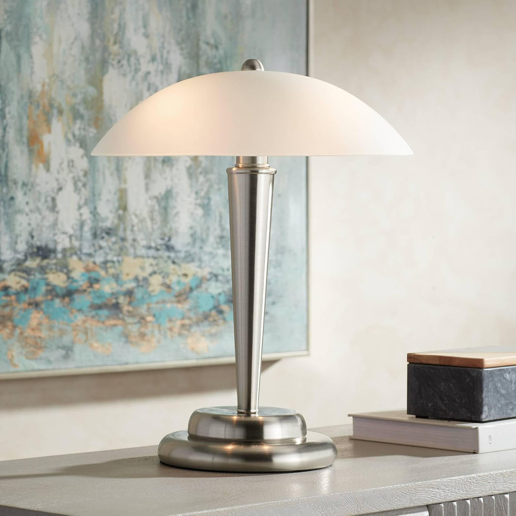 360 Lighting Deco Dome Modern Desk Table Lamp 17' High Touch On Off Brushed Nickel White Frosted Glass Shade for Living Room Bedroom House Bedside Nightstand Home Office Reading Family