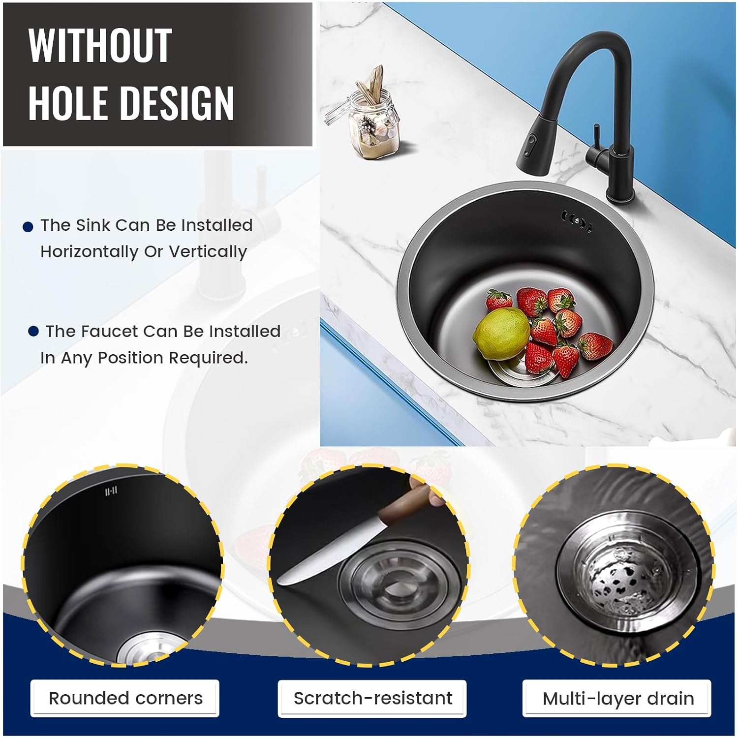 Stainless Steel Kitchen Sink, Single Bowl Sink With Drain Fittings & Overflow, Small Washing Basin, Round Pool For Utility Room, Kitchen, Bar, Pub, Drop In & Undermount(Black,32cm)