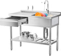 304 Stainless Steel Utility Sink – Free Standing Single Bowl with Workbench, Storage Drawer & Faucet, Hot and Cold Water Pipes for Laundry Room, Farmhouse, Outdoor Use