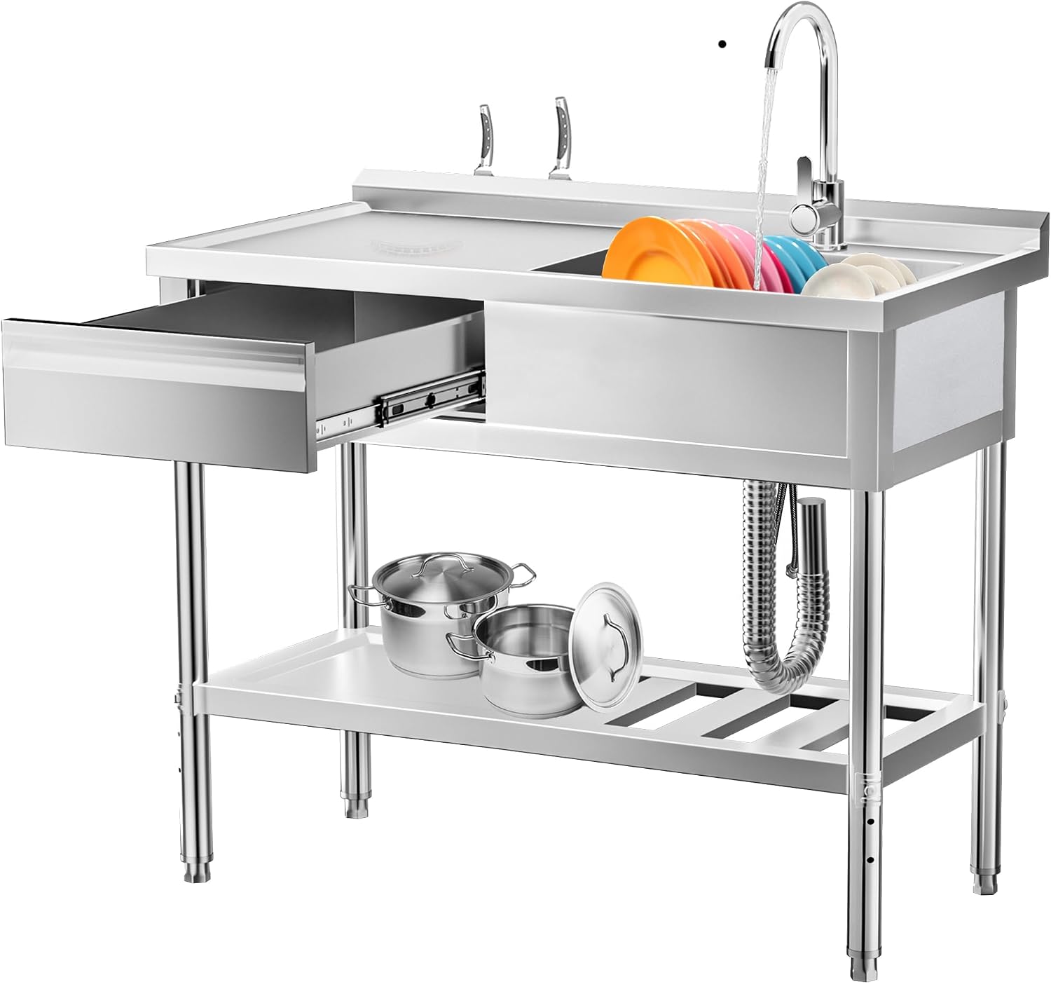 304 Stainless Steel Utility Sink – Free Standing Single Bowl with Workbench, Storage Drawer & Faucet, Hot and Cold Water Pipes for Laundry Room, Farmhouse, Outdoor Use