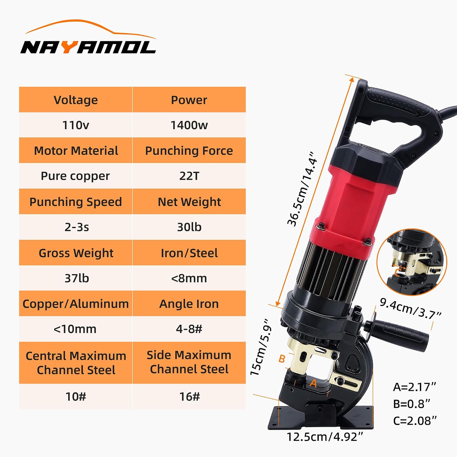 1400W Electric Hydraulic Hole Puncher, 22T Heavy Duty Metal Punching Machine Steel Hole Puncher MHP-20 with 5 Dies Φ1/4' 3/8' 1/2' 11/16' 13/16'- 110V Portable Hydraulic Hole Punch for Steel