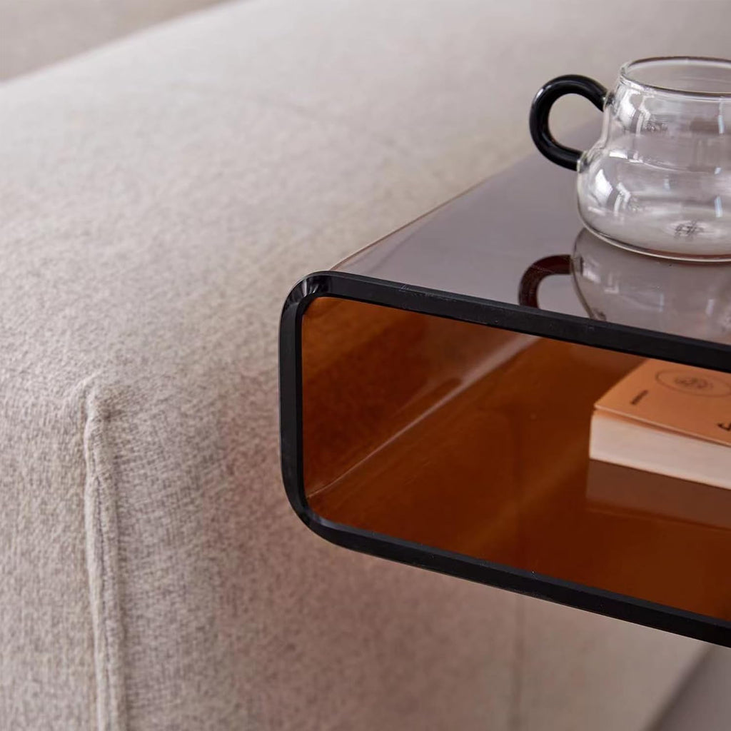 Glass Nightstand End Table, Amber Color S-Shape Bedside Tables, Modern Small Side Table for Living Room, Sofa Nightstand (Brown S-Shape)
