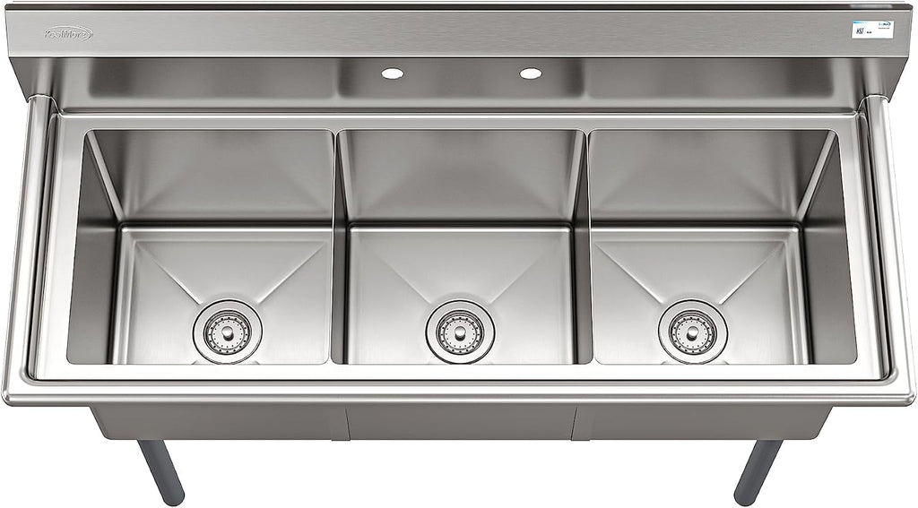 KoolMore 51 in. Three Compartment 18-Gauge Stainless-Steel NSF Commercial Kitchen Sink, Bowl Size 15x15x14, with Three Basins and Pre-Drilled Faucet Holes for Restaurants and Cafes (KM-SC151514-N3)