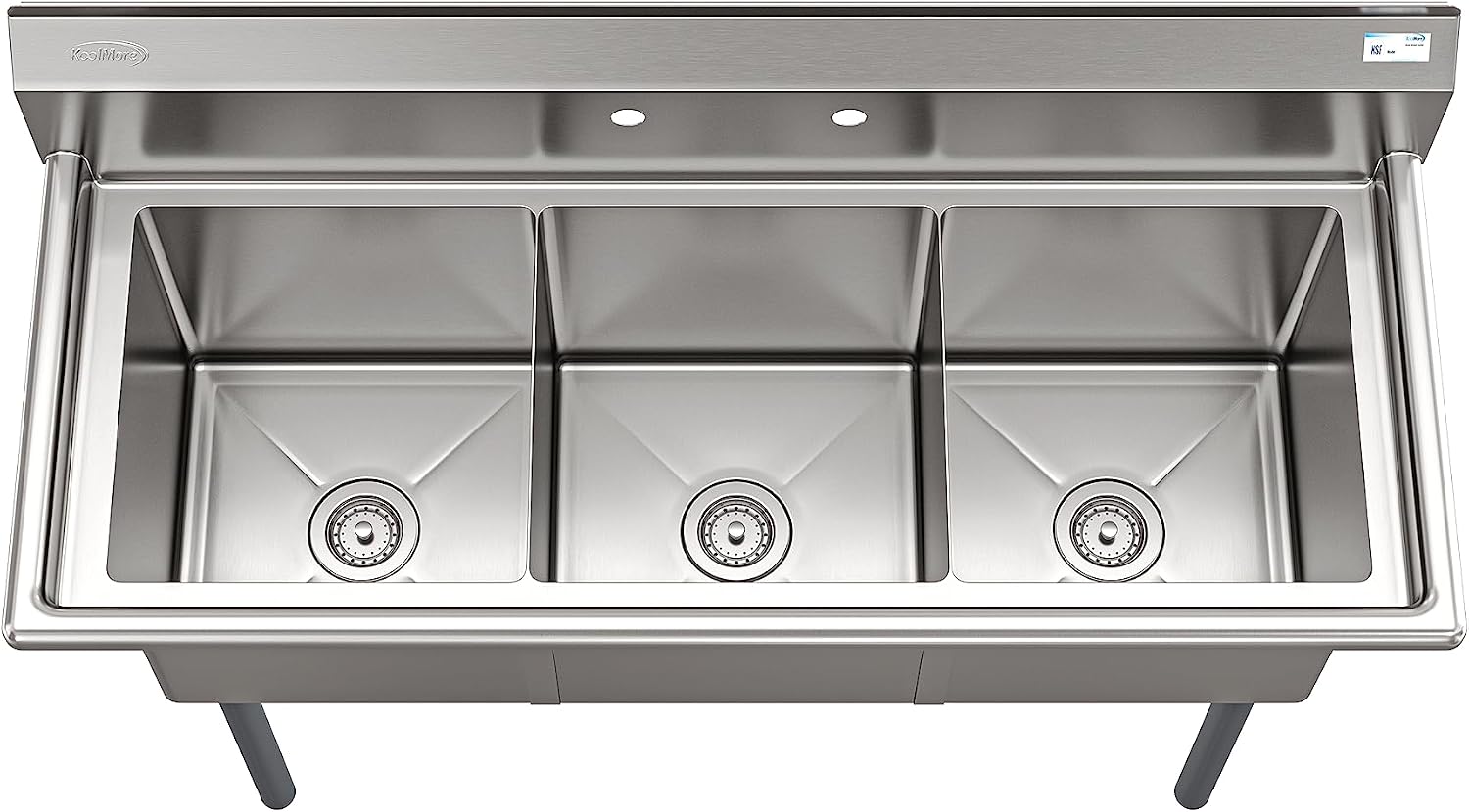 KoolMore 51 in. Three Compartment 18-Gauge Stainless-Steel NSF Commercial Kitchen Sink, Bowl Size 15x15x14, with Three Basins and Pre-Drilled Faucet Holes for Restaurants and Cafes (KM-SC151514-N3)